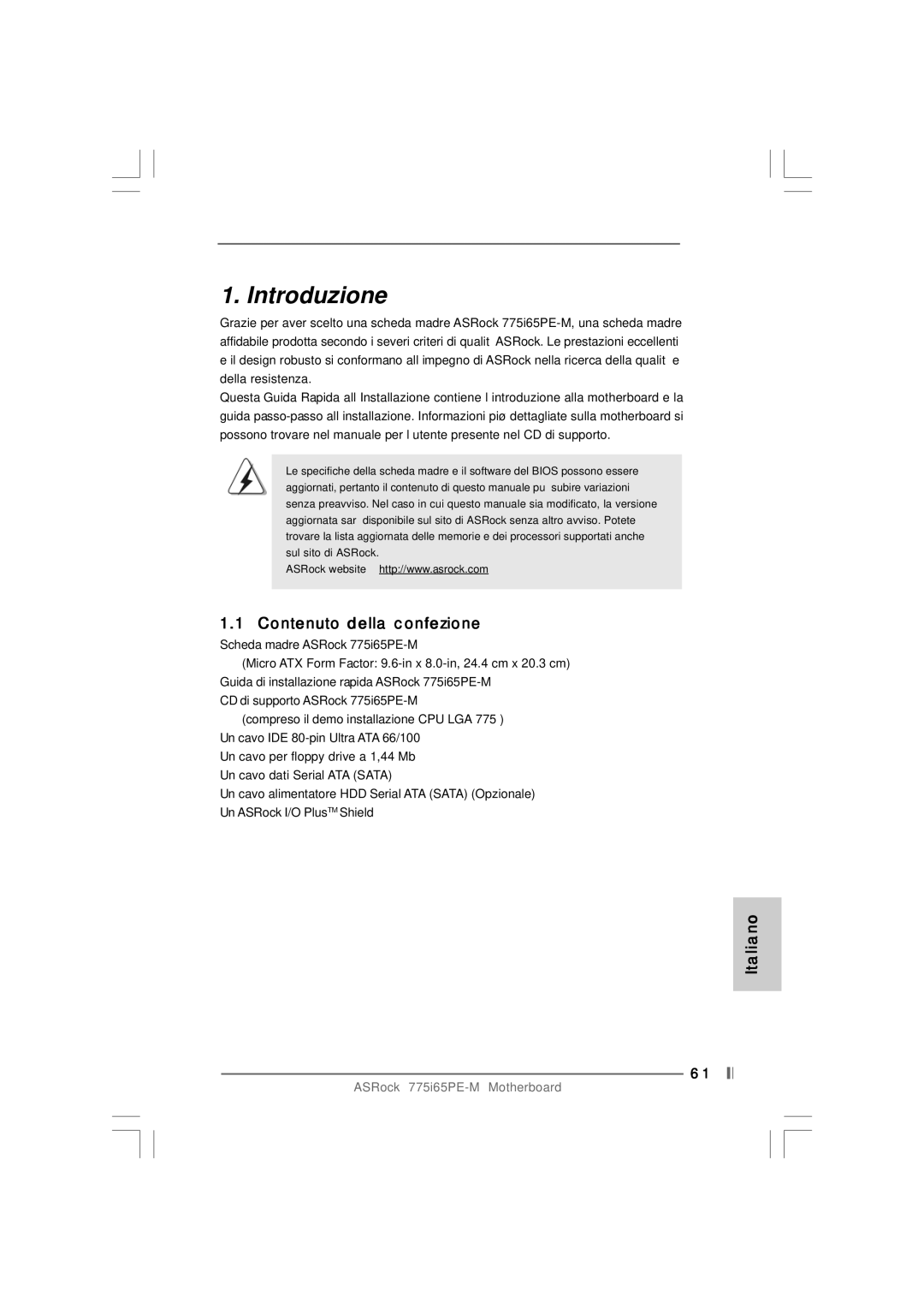 Pacific Digital 775I65PE-M specifications Introduzione, Contenuto della confezione, Italiano 