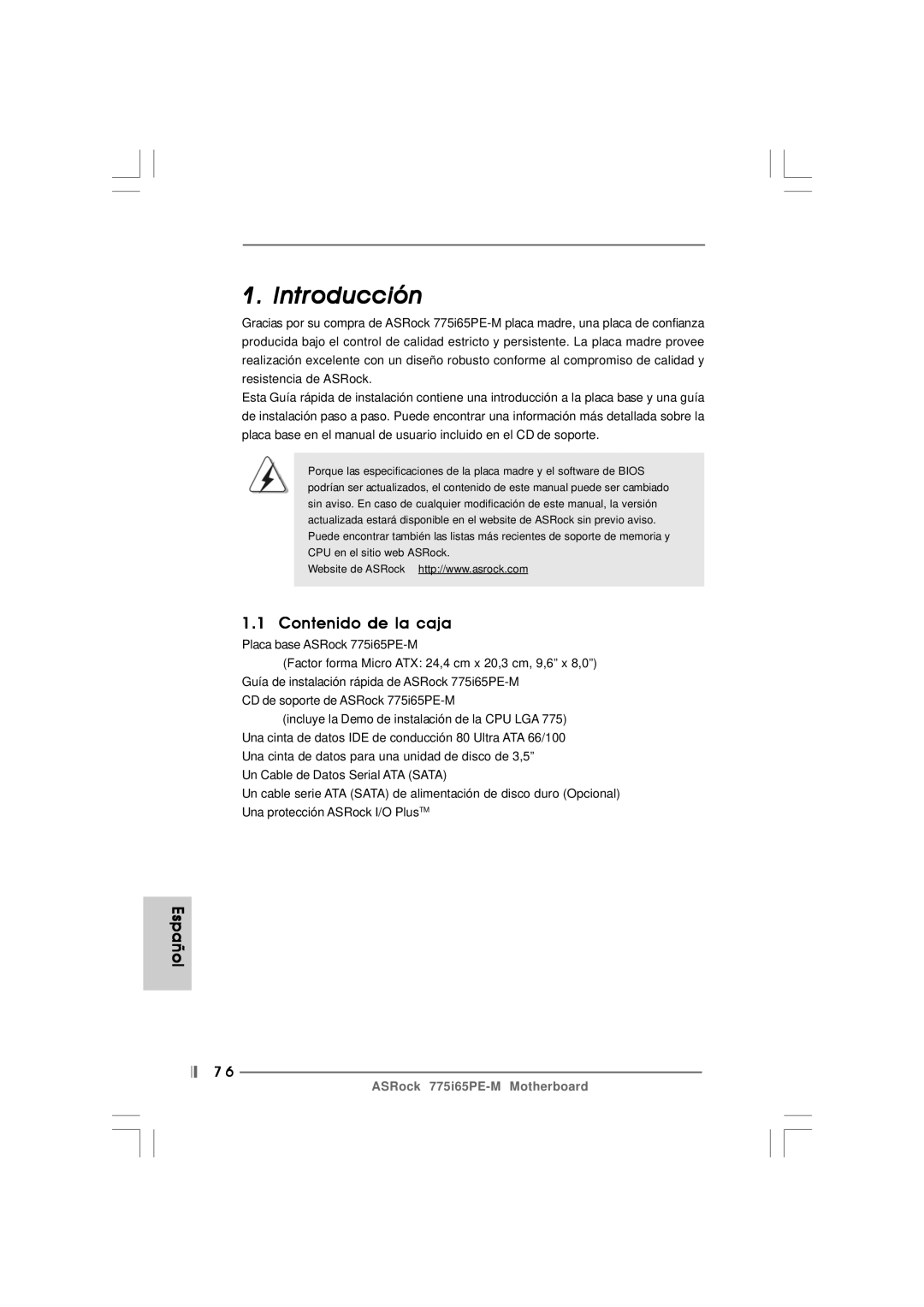 Pacific Digital 775I65PE-M specifications Introducción, Contenido de la caja, Español 