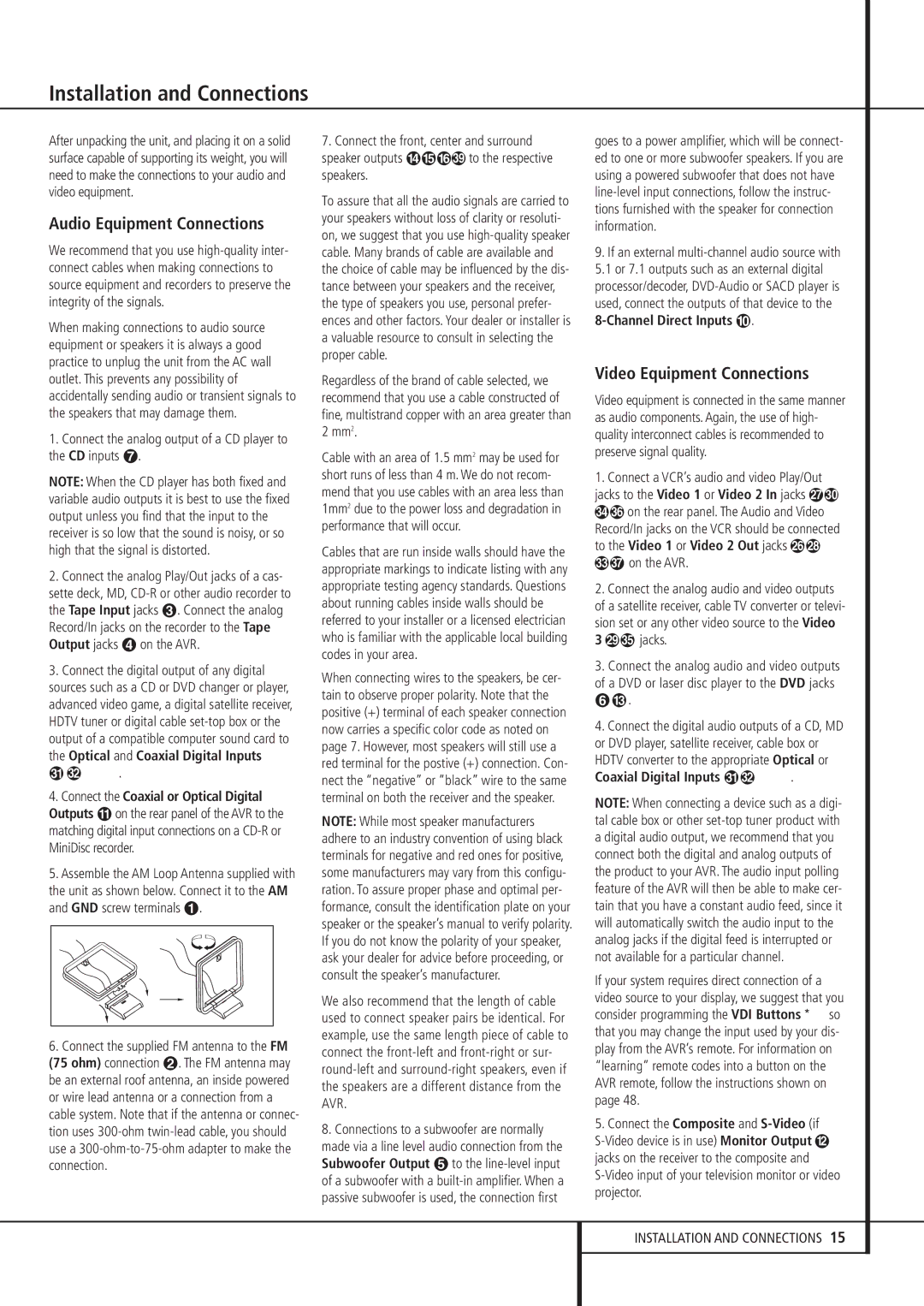 Pacific Digital AVR 635 owner manual Installation and Connections, Audio Equipment Connections, Video Equipment Connections 