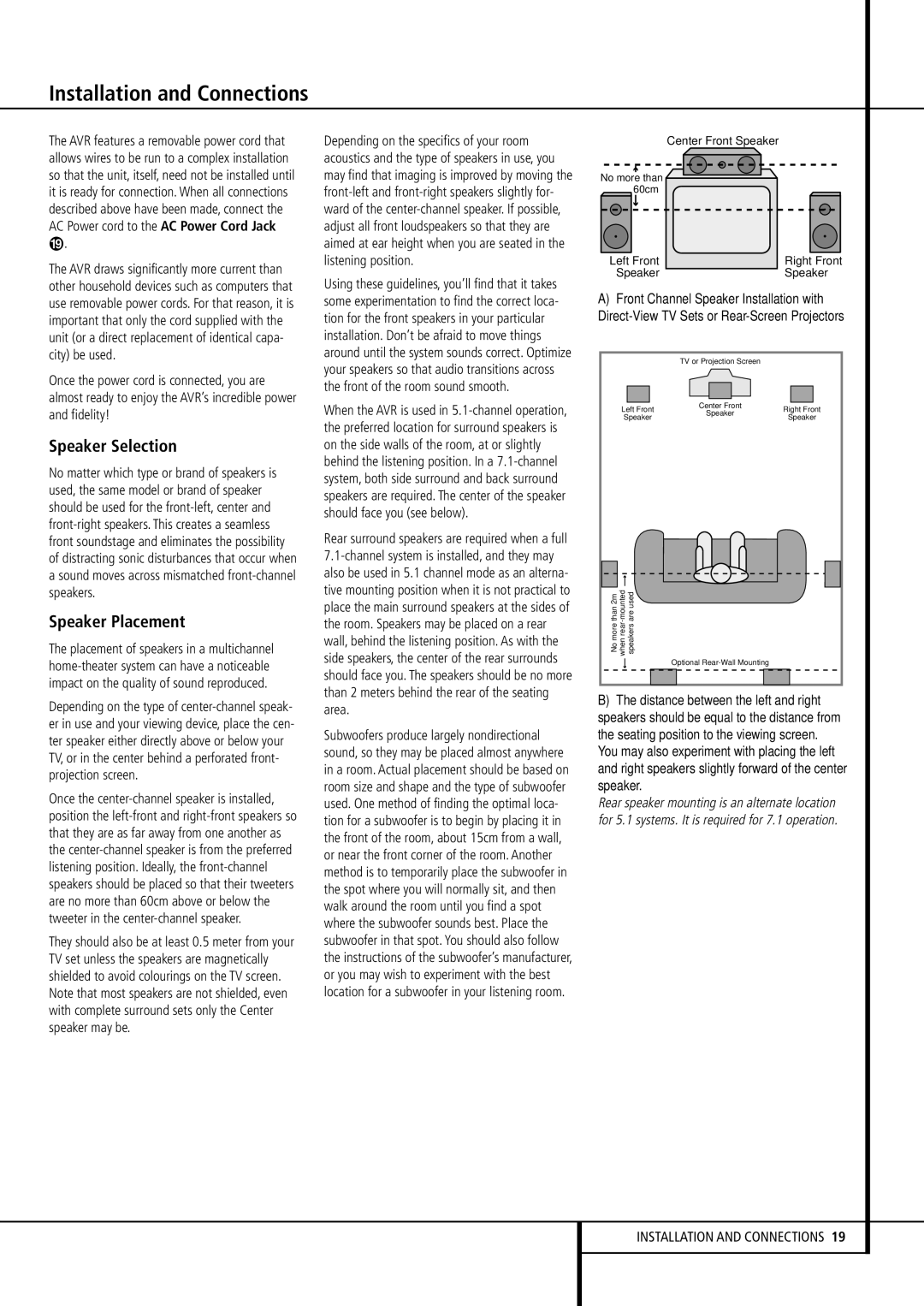 Pacific Digital AVR 635 owner manual Speaker Selection, Speaker Placement 