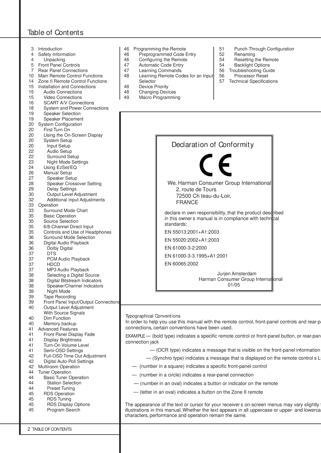 Pacific Digital AVR 635 owner manual Table of Contents, Declaration of Conformity 