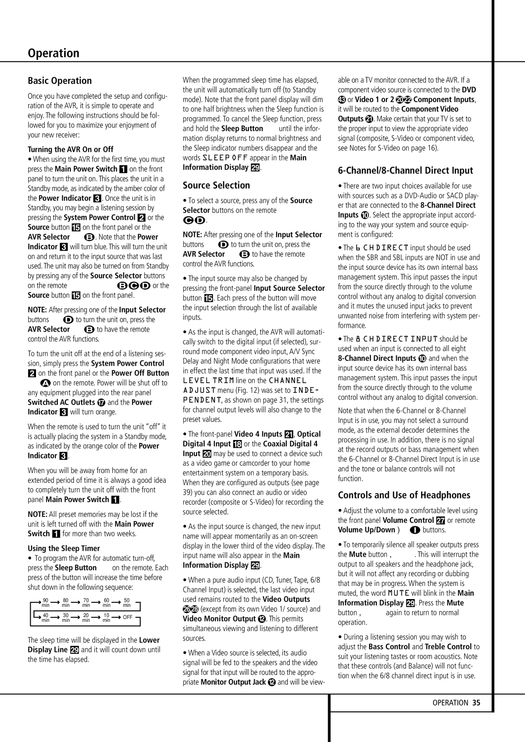 Pacific Digital AVR 635 Basic Operation, Source Selection, Channel/8-Channel Direct Input, Controls and Use of Headphones 