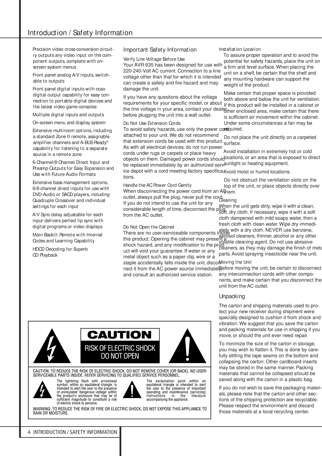 Pacific Digital AVR 635 owner manual Introduction / Safety Information, Important Safety Information, Unpacking 