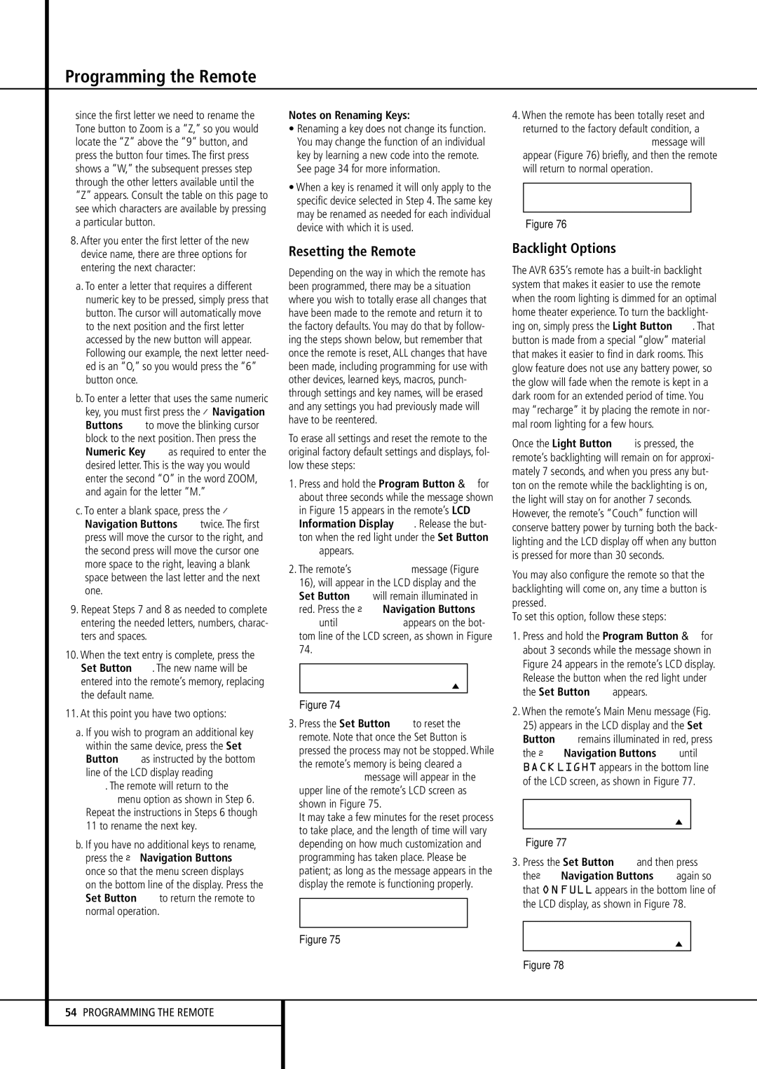 Pacific Digital AVR 635 owner manual Resetting the Remote, Backlight Options, At this point you have two options 