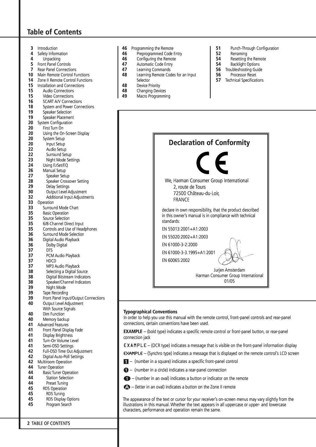 Pacific Digital AVR 635 owner manual Table of Contents, Declaration of Conformity, We, Harman Consumer Group International 