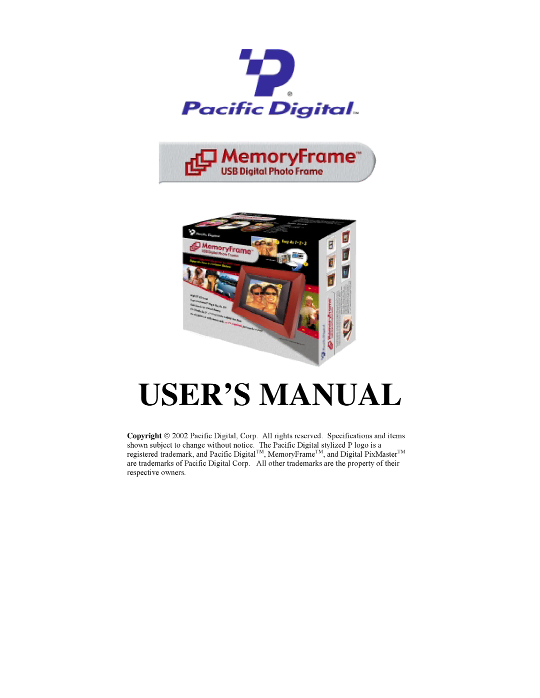 Pacific Digital Digital Pacific USB Digital Photo Frame MemoryFrame user manual USER’S Manual 