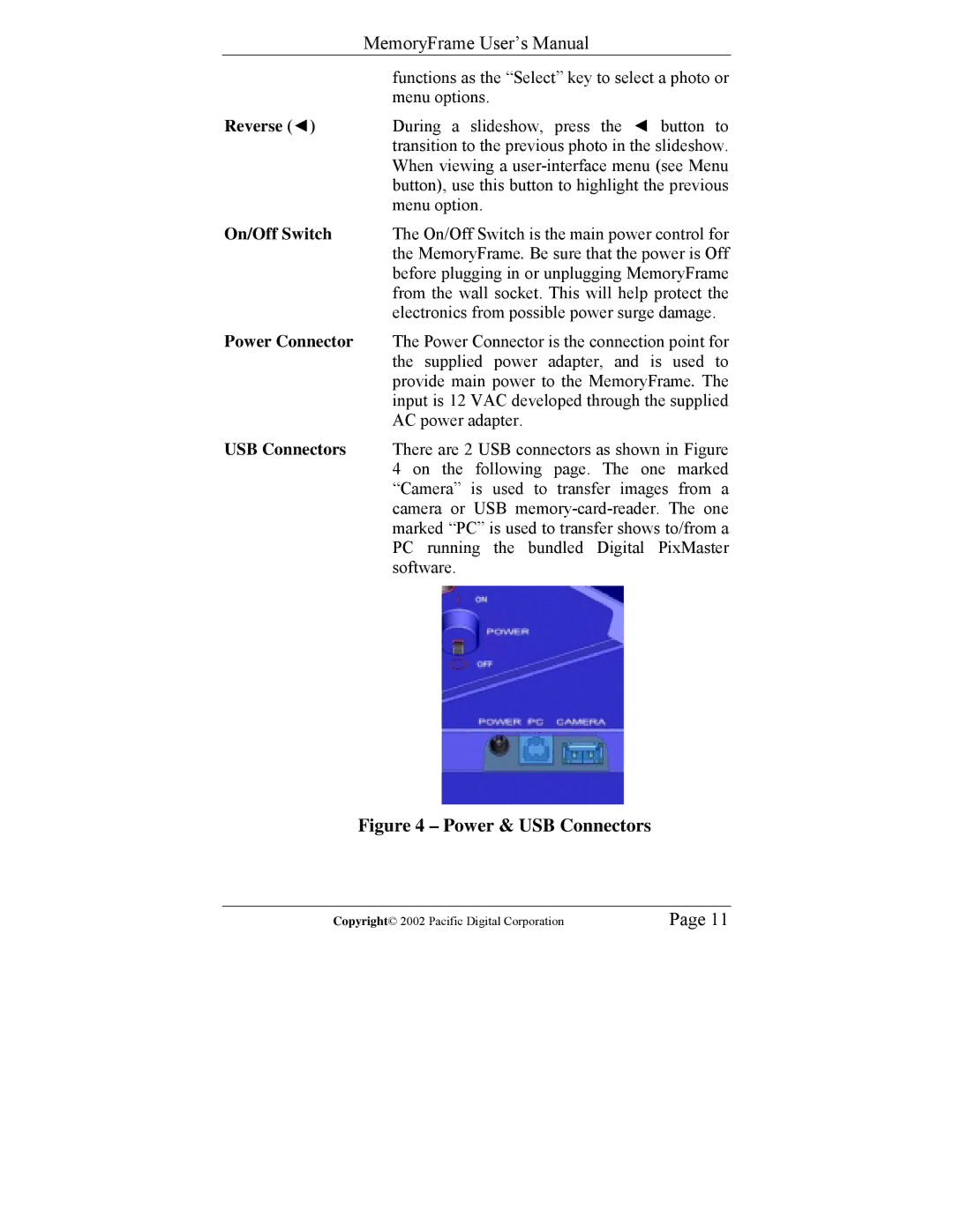 Pacific Digital Digital Pacific USB Digital Photo Frame MemoryFrame user manual Reverse, On/Off Switch, Power Connector 