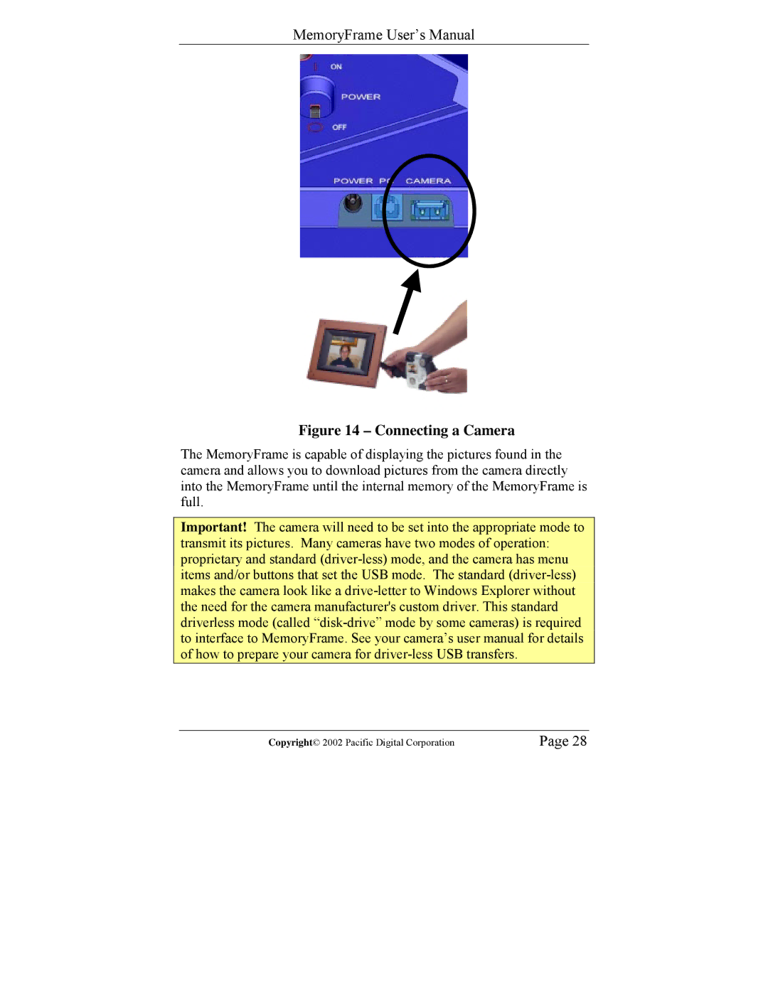 Pacific Digital Digital Pacific USB Digital Photo Frame MemoryFrame user manual Connecting a Camera 