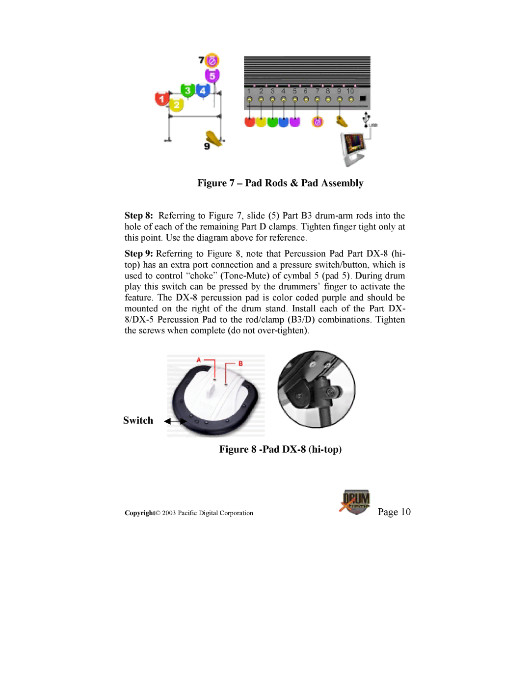 Pacific Digital DrumXtreme manual Pad Rods & Pad Assembly, Switch 