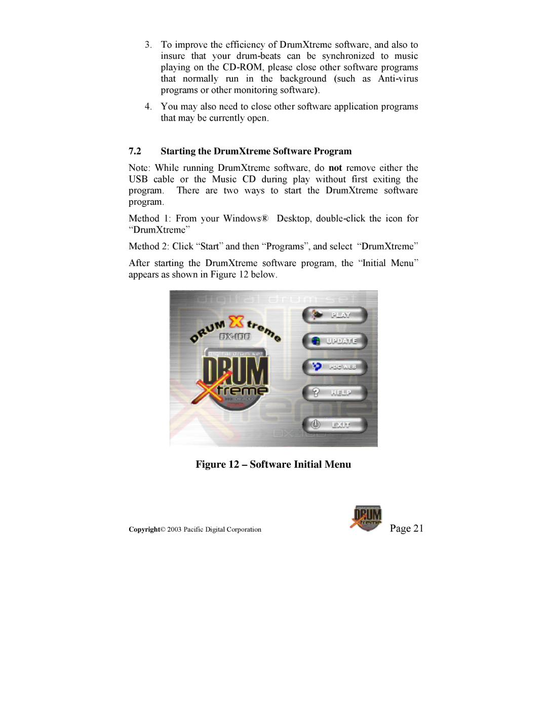 Pacific Digital manual Software Initial Menu, Starting the DrumXtreme Software Program 