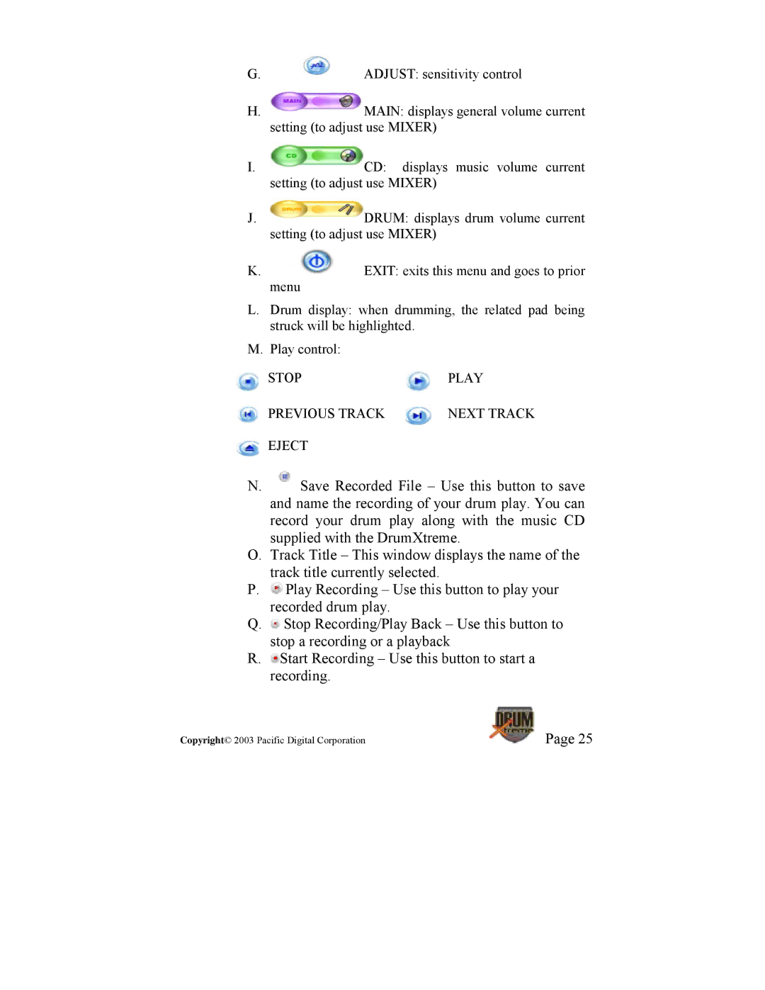 Pacific Digital DrumXtreme manual Stopplay Previous Track Next Track Eject 