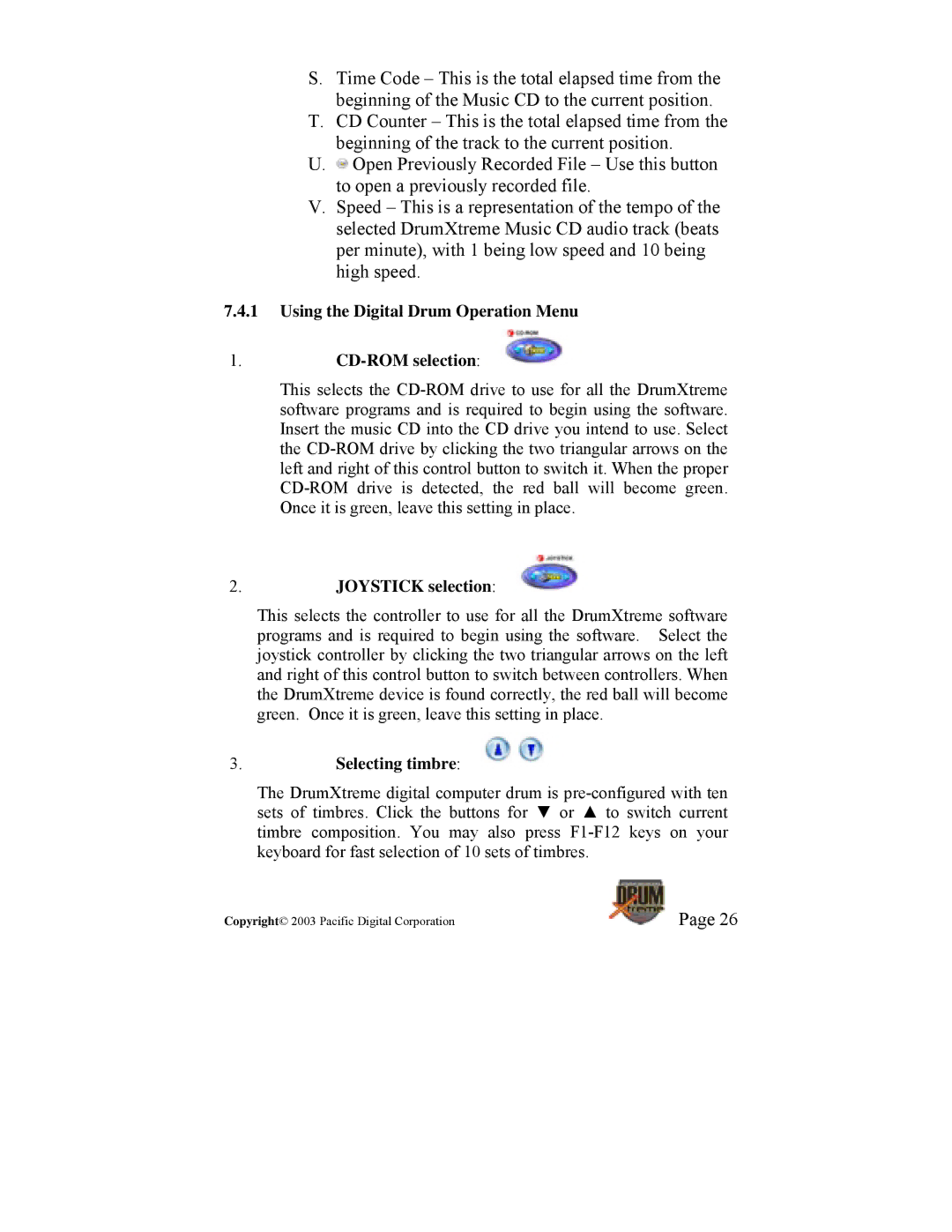 Pacific Digital DrumXtreme Using the Digital Drum Operation Menu CD-ROM selection, Joystick selection, Selecting timbre 
