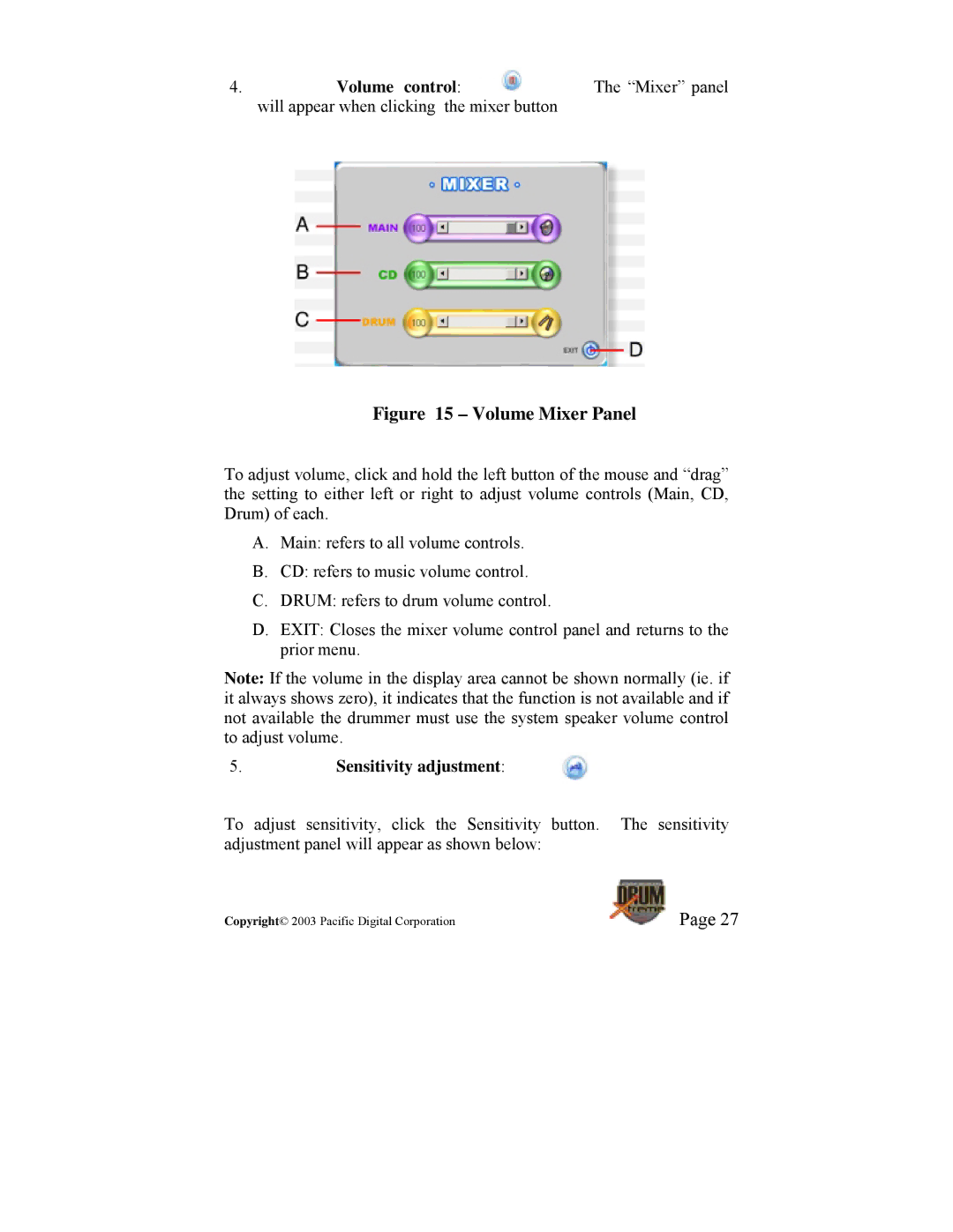 Pacific Digital DrumXtreme manual Volume control, Sensitivity adjustment 