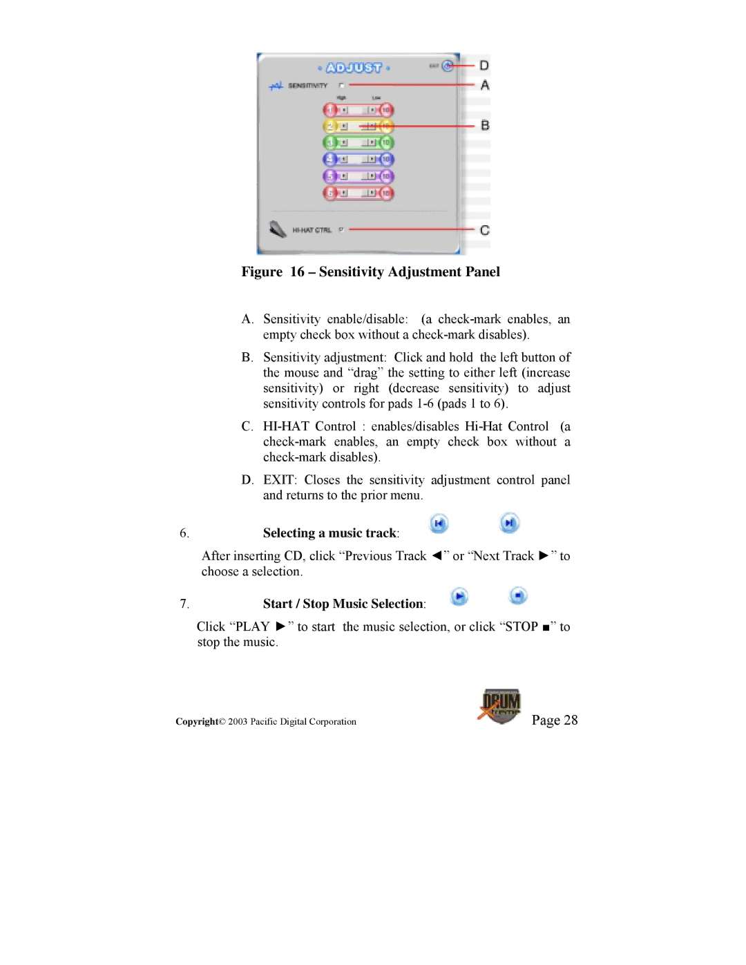 Pacific Digital DrumXtreme manual Selecting a music track, Start / Stop Music Selection 