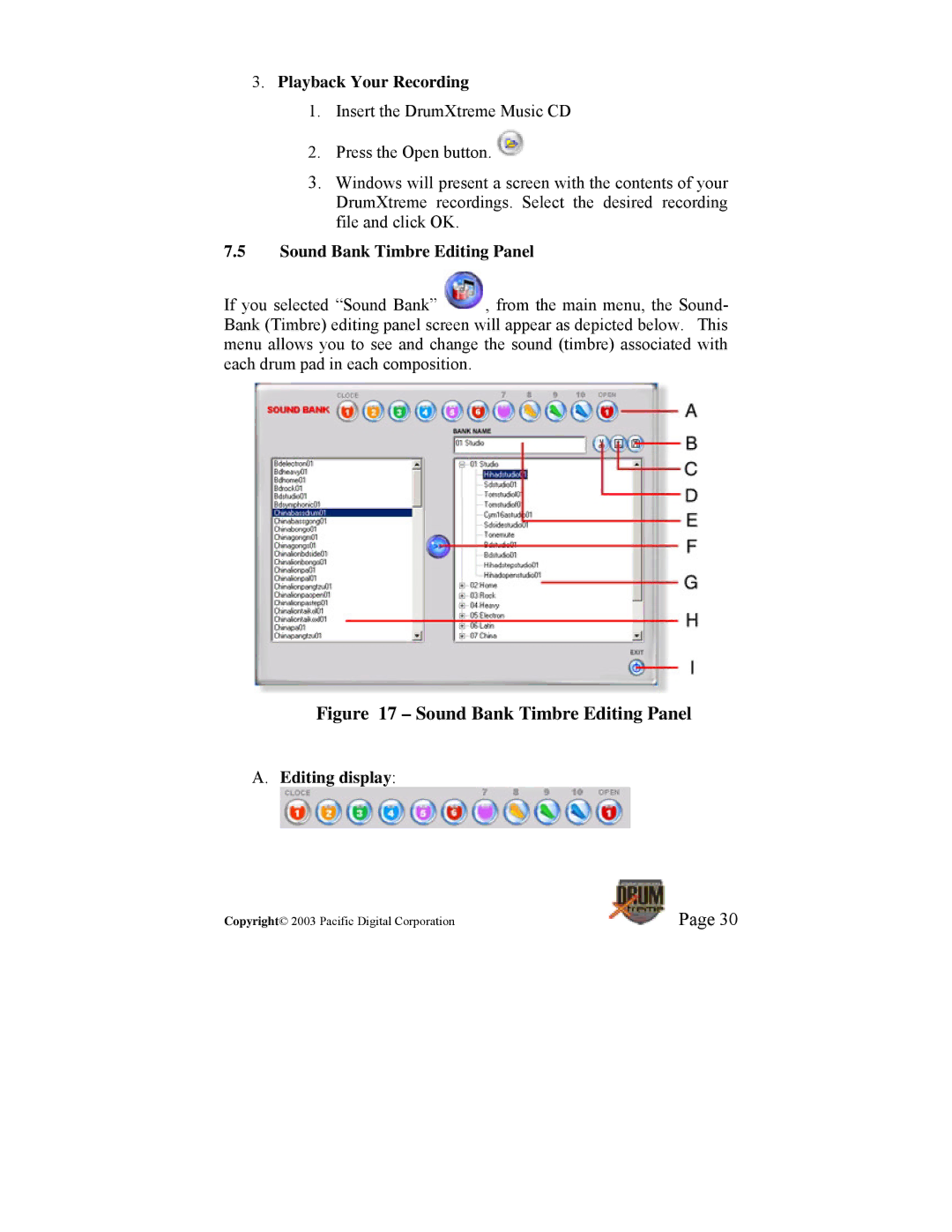 Pacific Digital DrumXtreme manual Playback Your Recording, Sound Bank Timbre Editing Panel, Editing display 