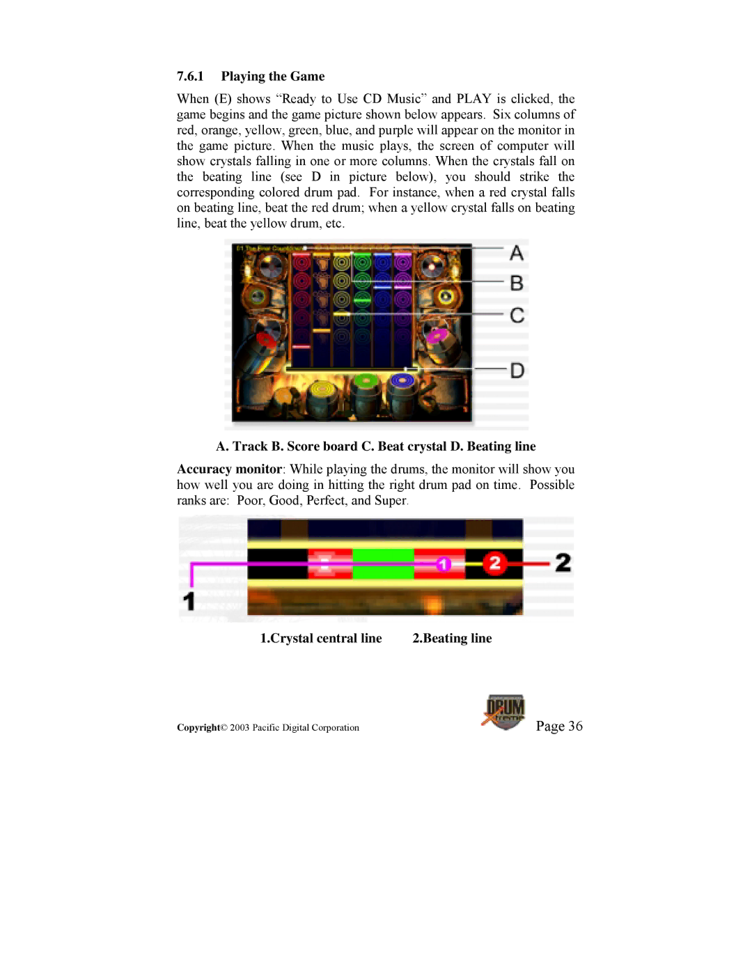 Pacific Digital DrumXtreme Playing the Game, Track B. Score board C. Beat crystal D. Beating line, Crystal central line 