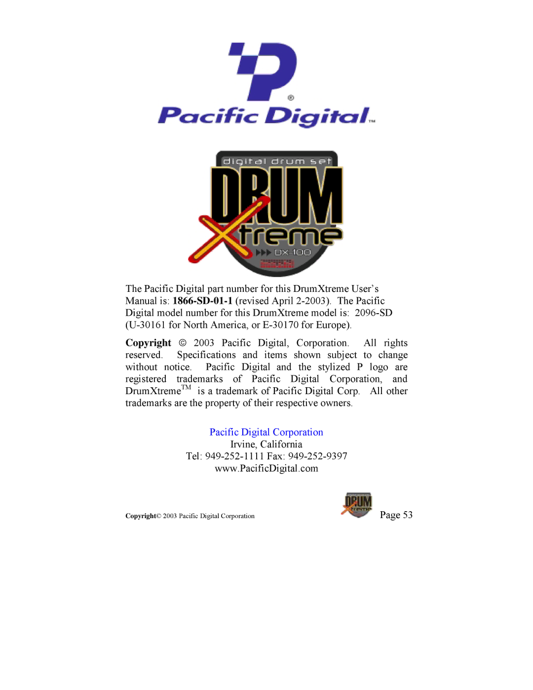 Pacific Digital DrumXtreme manual Pacific Digital Corporation 