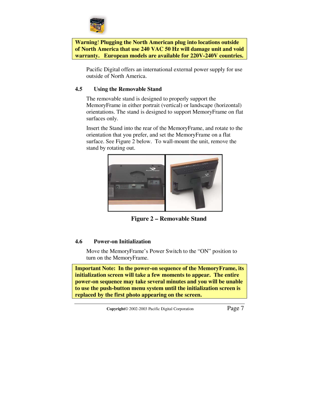 Pacific Digital MF-810S user manual Using the Removable Stand, Power-on Initialization 