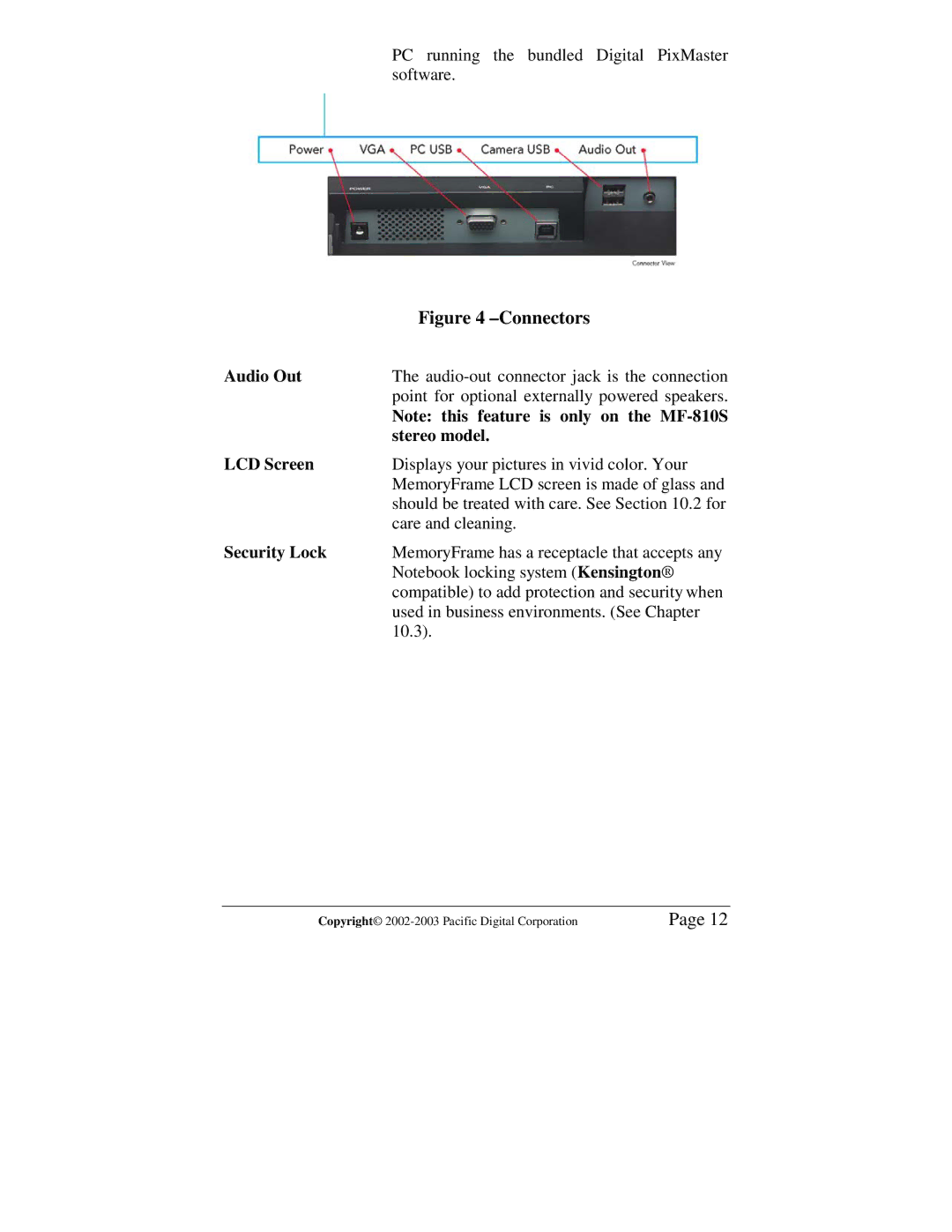 Pacific Digital MF-810S user manual Audio Out, Stereo model, LCD Screen, Security Lock 