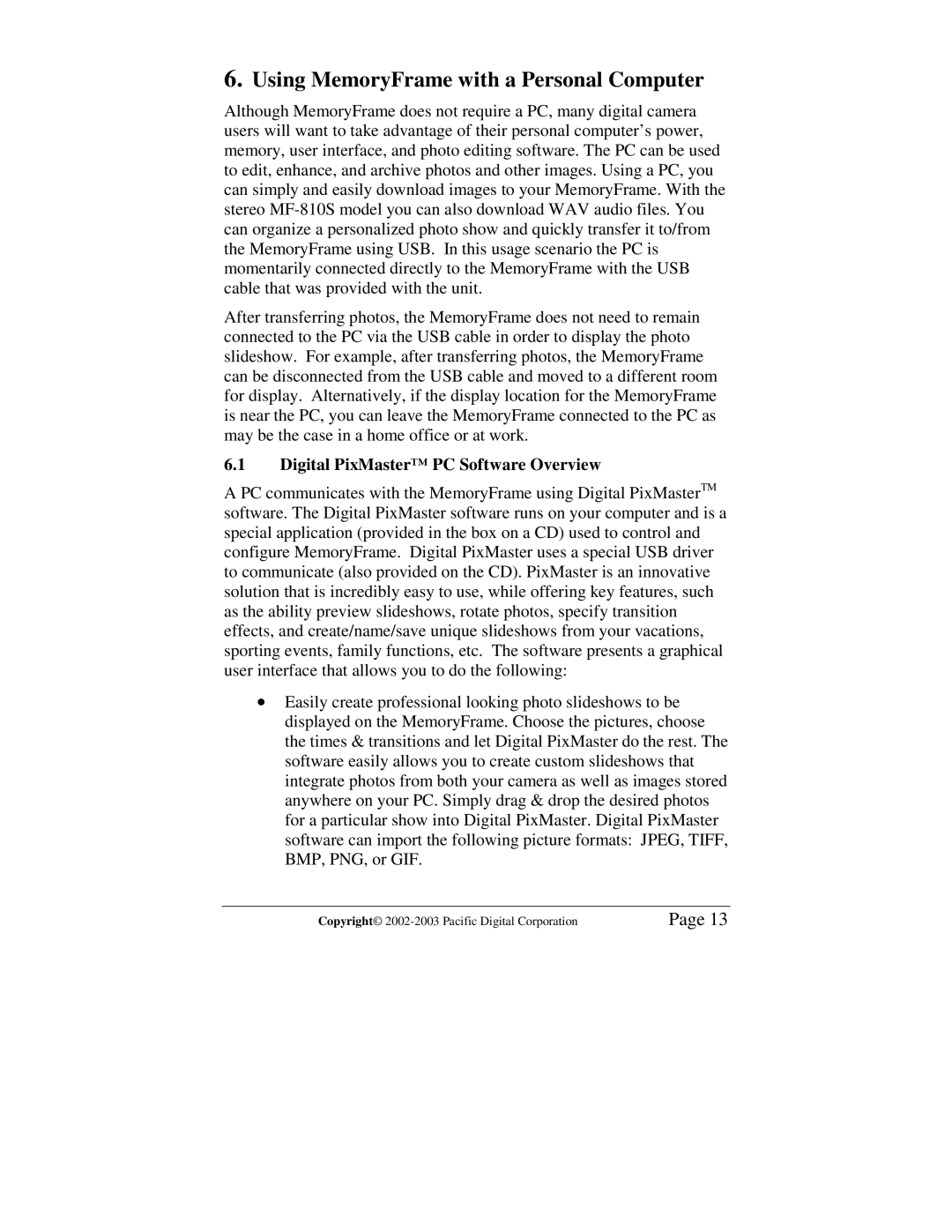 Pacific Digital MF-810S user manual Using MemoryFrame with a Personal Computer, Digital PixMaster PC Software Overview 