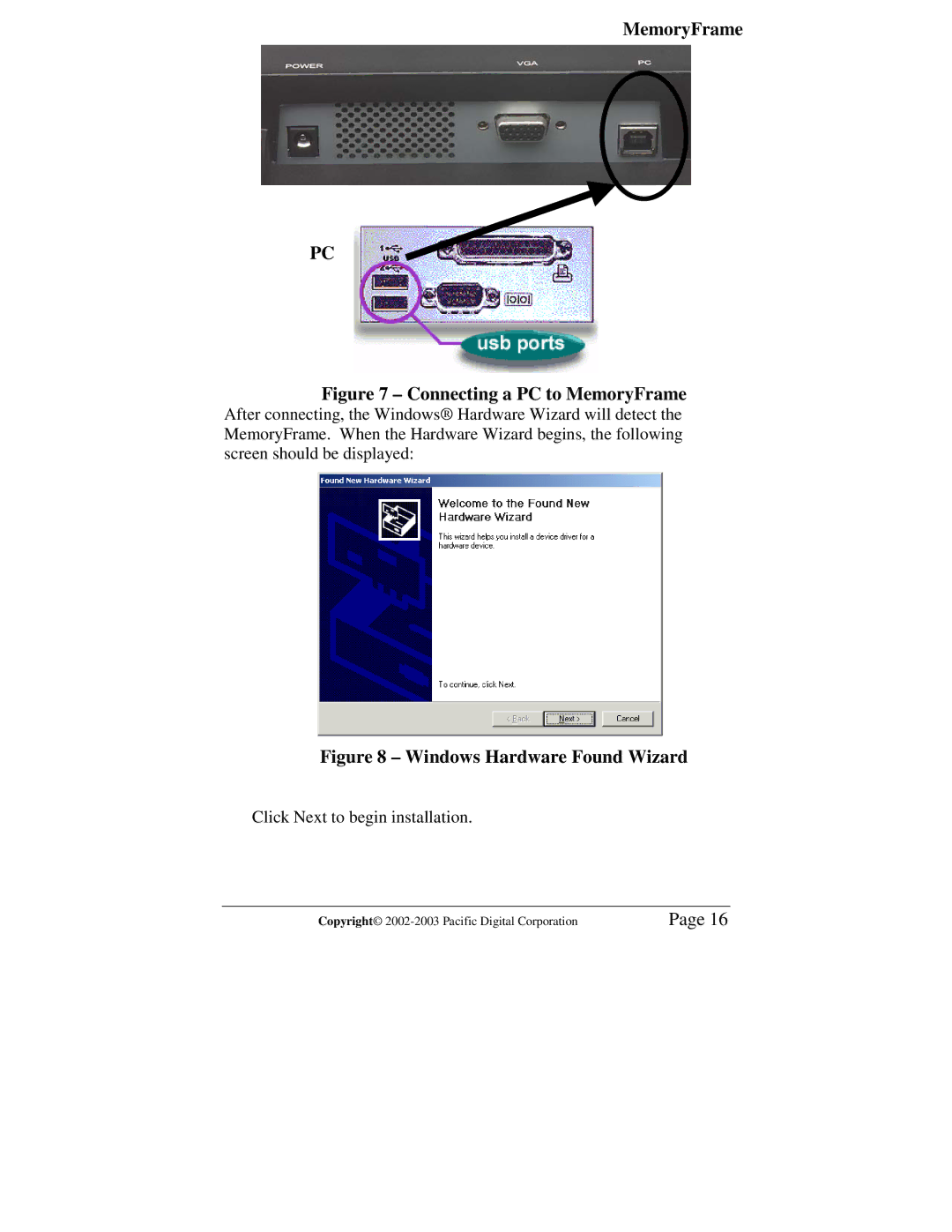 Pacific Digital MF-810S user manual Connecting a PC to MemoryFrame 