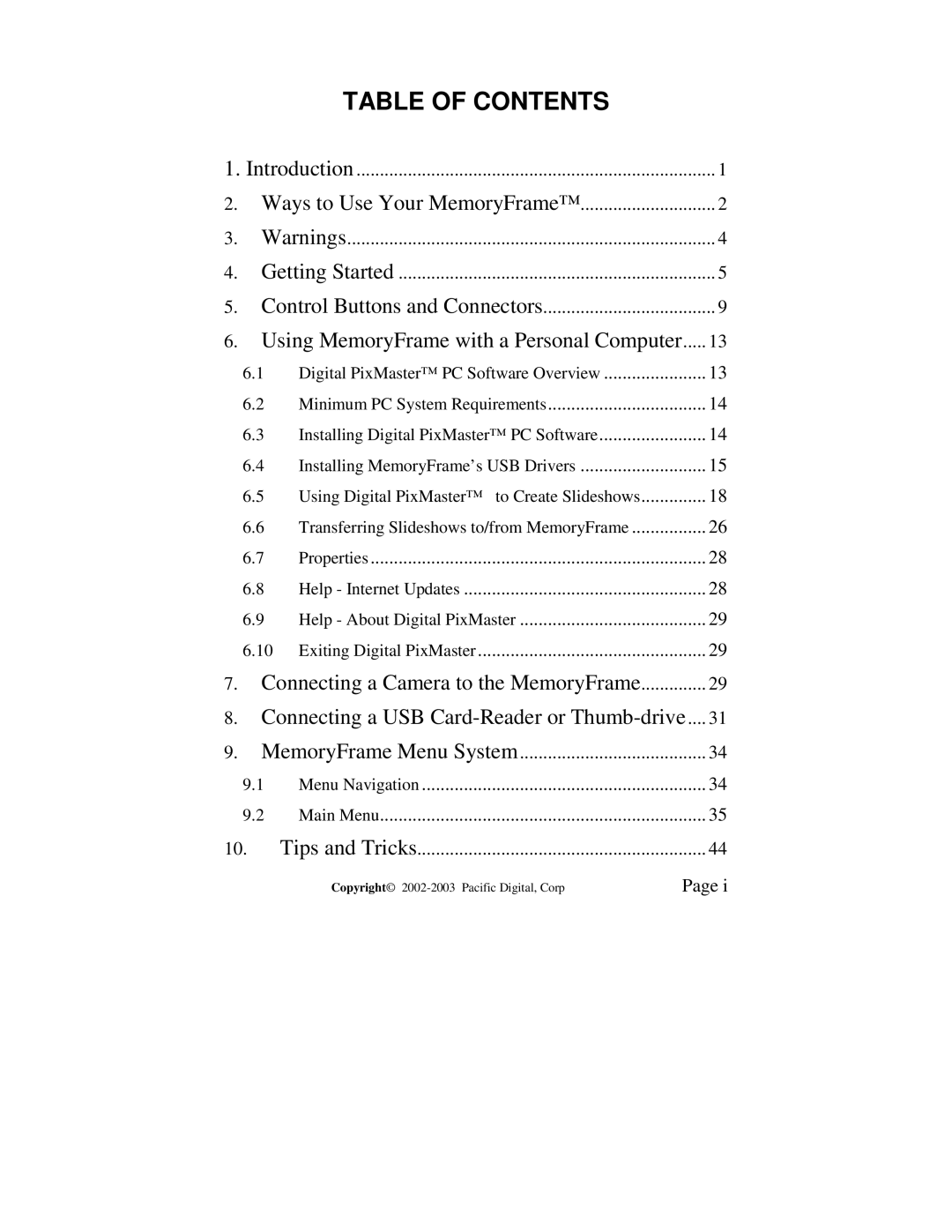 Pacific Digital MF-810S user manual Table of Contents 