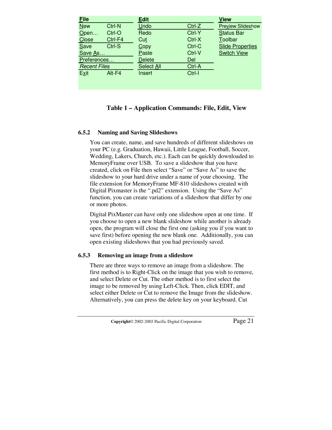 Pacific Digital MF-810S user manual Naming and Saving Slideshows, Removing an image from a slideshow 