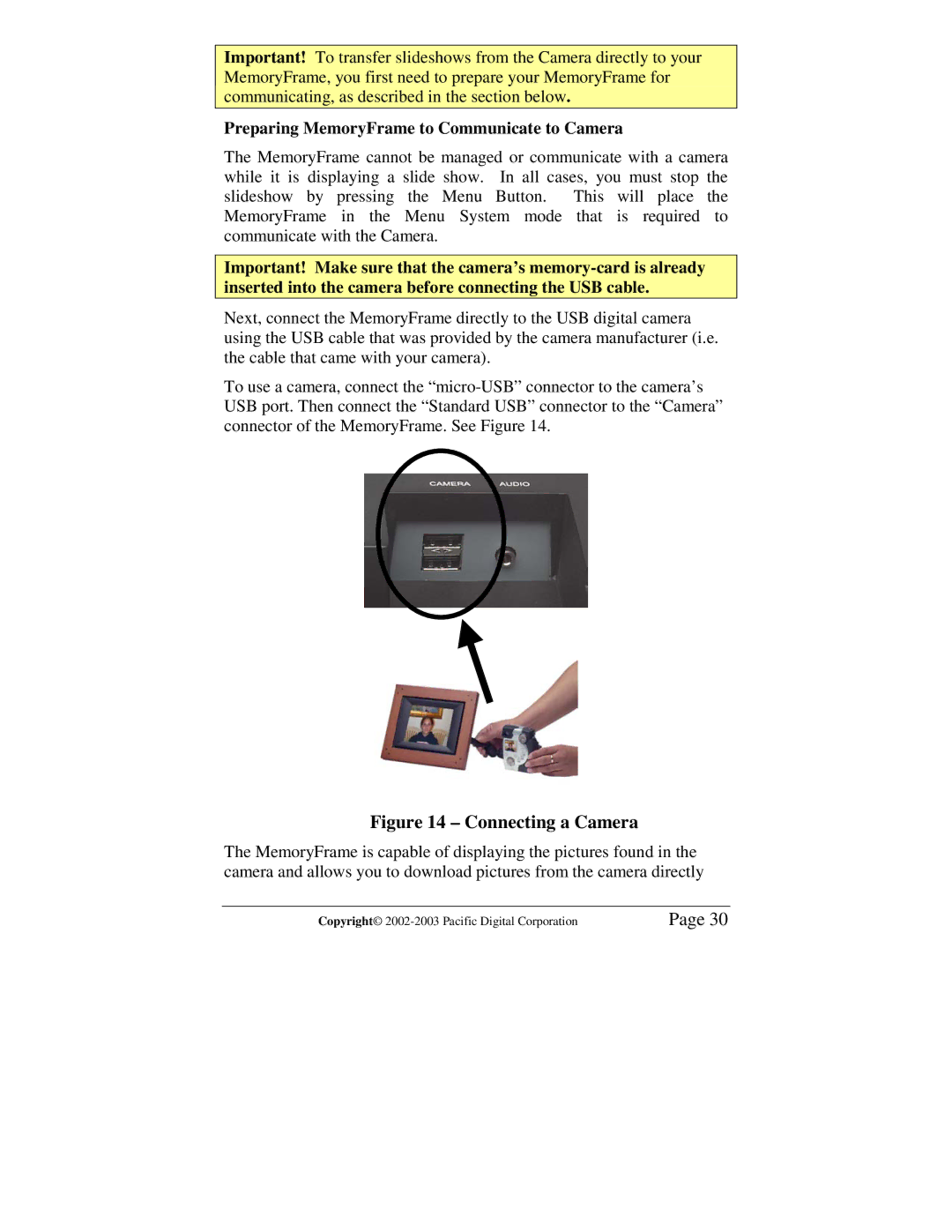 Pacific Digital MF-810S user manual Connecting a Camera, Preparing MemoryFrame to Communicate to Camera 