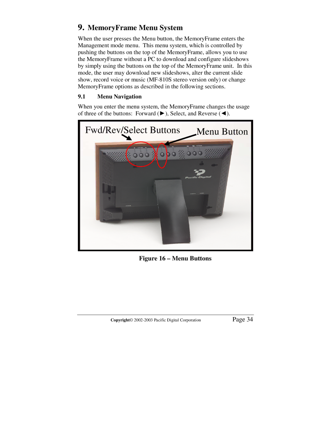 Pacific Digital MF-810S user manual MemoryFrame Menu System, Menu Navigation 