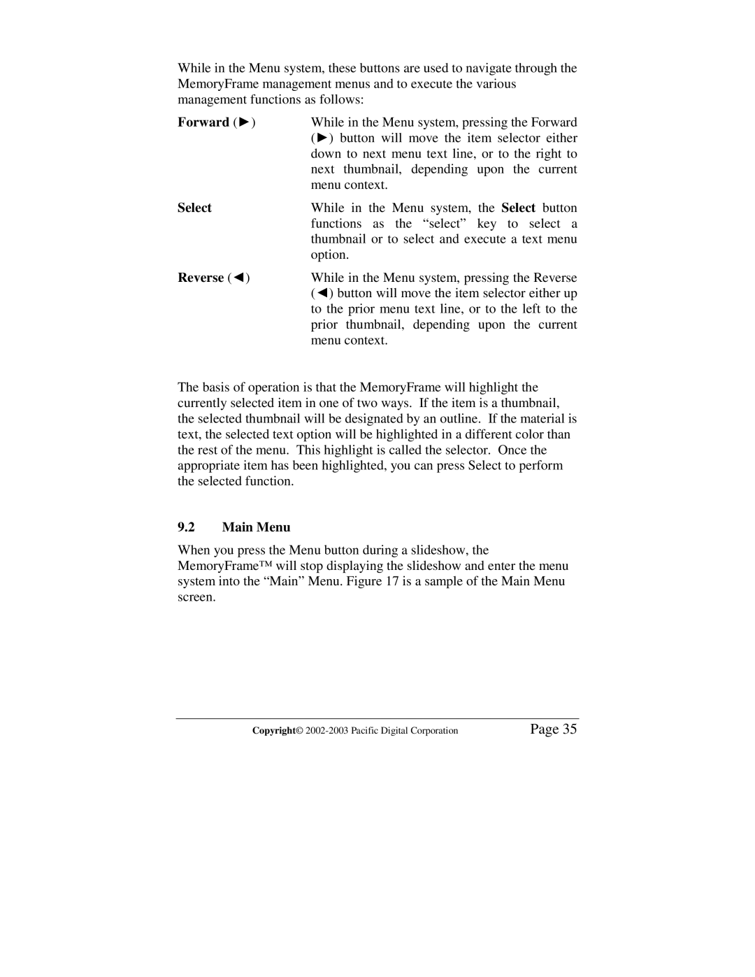 Pacific Digital MF-810S user manual Forward Ź, Main Menu 