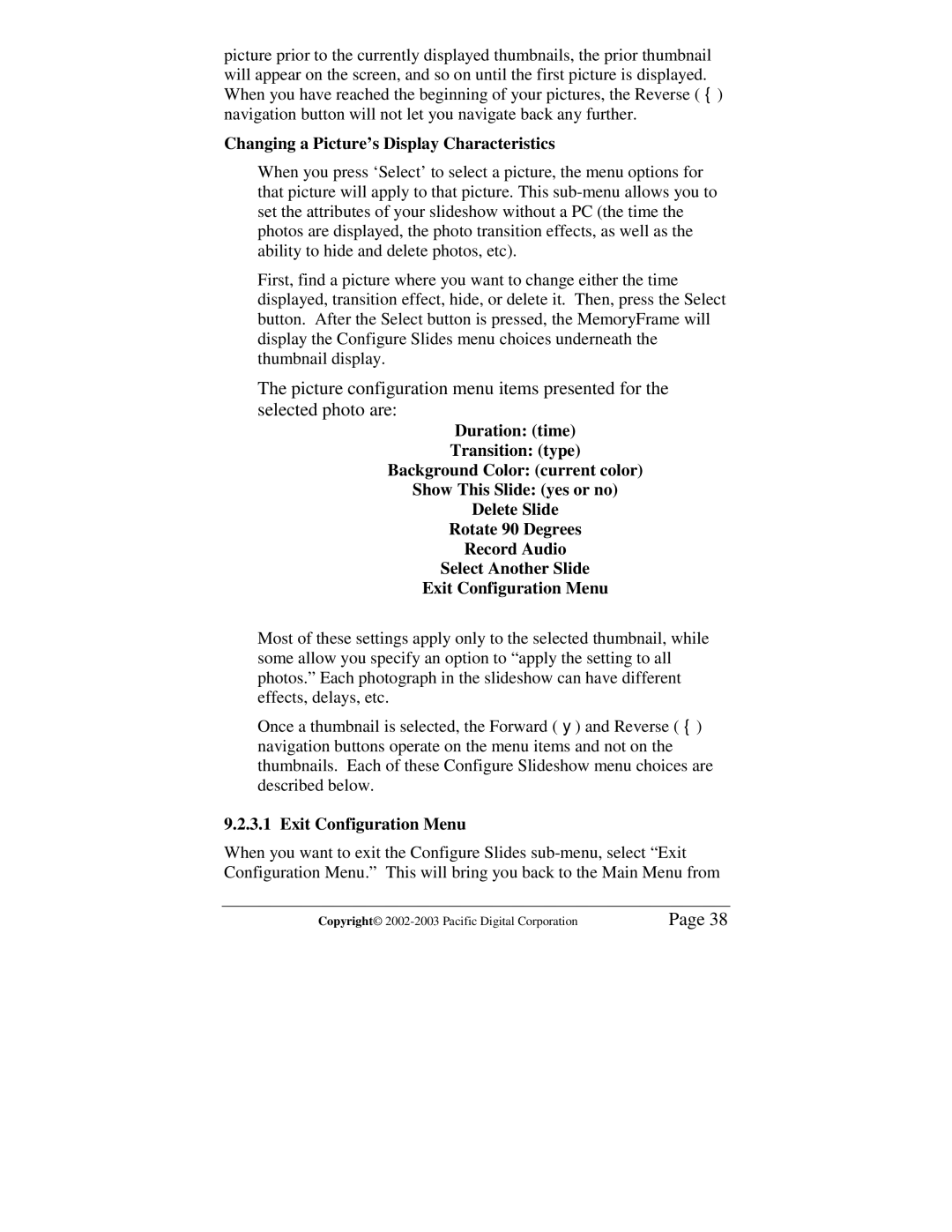 Pacific Digital MF-810S user manual Changing a Picture’s Display Characteristics, Exit Configuration Menu 