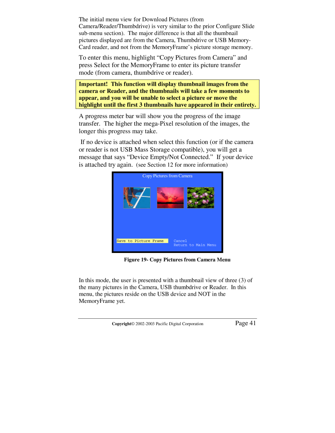 Pacific Digital MF-810S user manual Copy Pictures from Camera Menu 