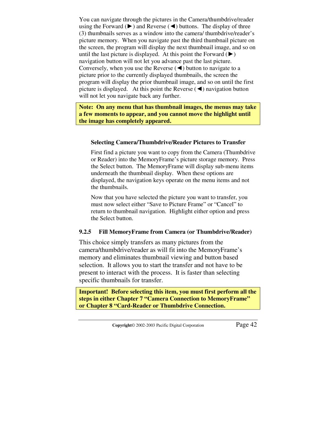 Pacific Digital MF-810S user manual Selecting Camera/Thumbdrive/Reader Pictures to Transfer 