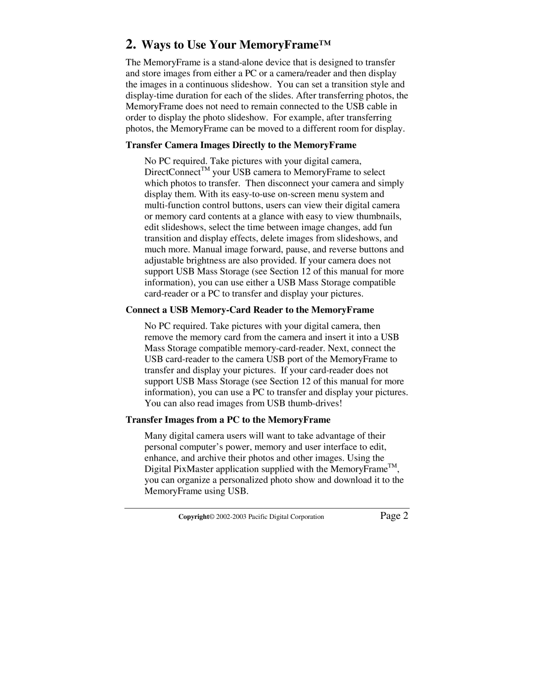 Pacific Digital MF-810S user manual Ways to Use Your MemoryFrame, Transfer Camera Images Directly to the MemoryFrame 