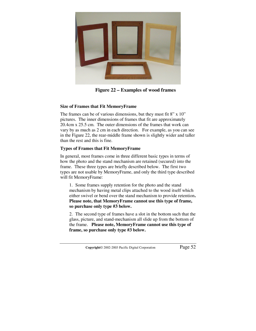 Pacific Digital MF-810S user manual Size of Frames that Fit MemoryFrame, Types of Frames that Fit MemoryFrame 