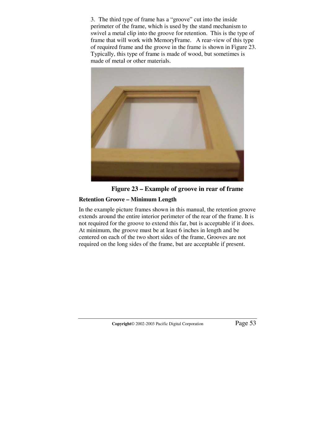 Pacific Digital MF-810S user manual Example of groove in rear of frame, Retention Groove Minimum Length 