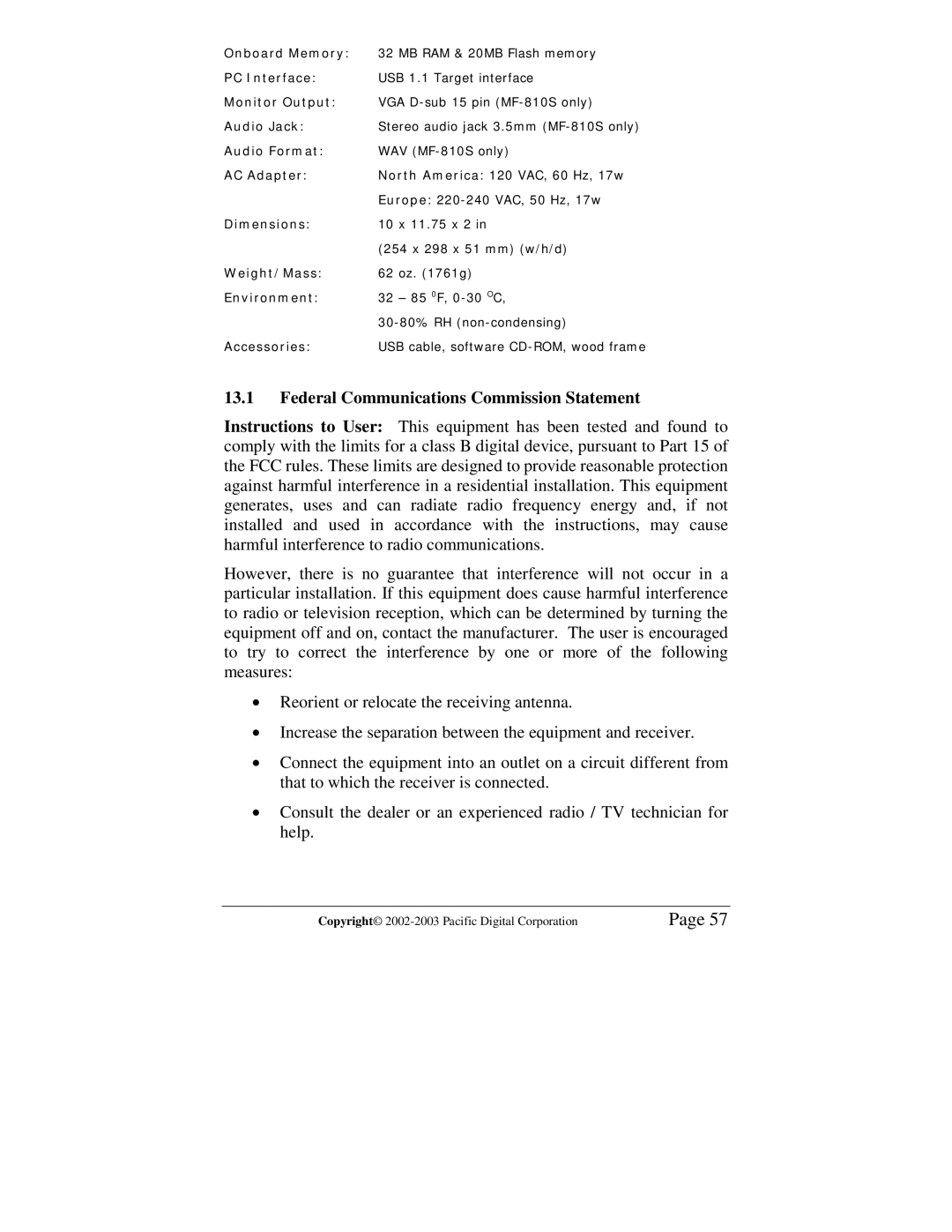 Pacific Digital MF-810S user manual Federal Communications Commission Statement 