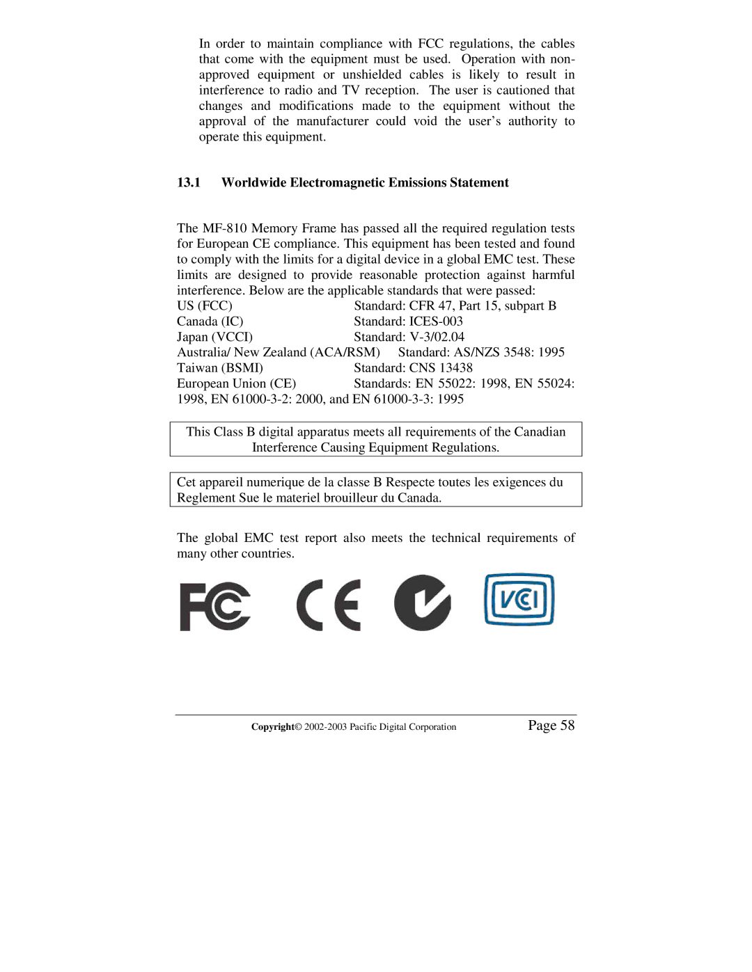 Pacific Digital MF-810S user manual Worldwide Electromagnetic Emissions Statement, Us Fcc 