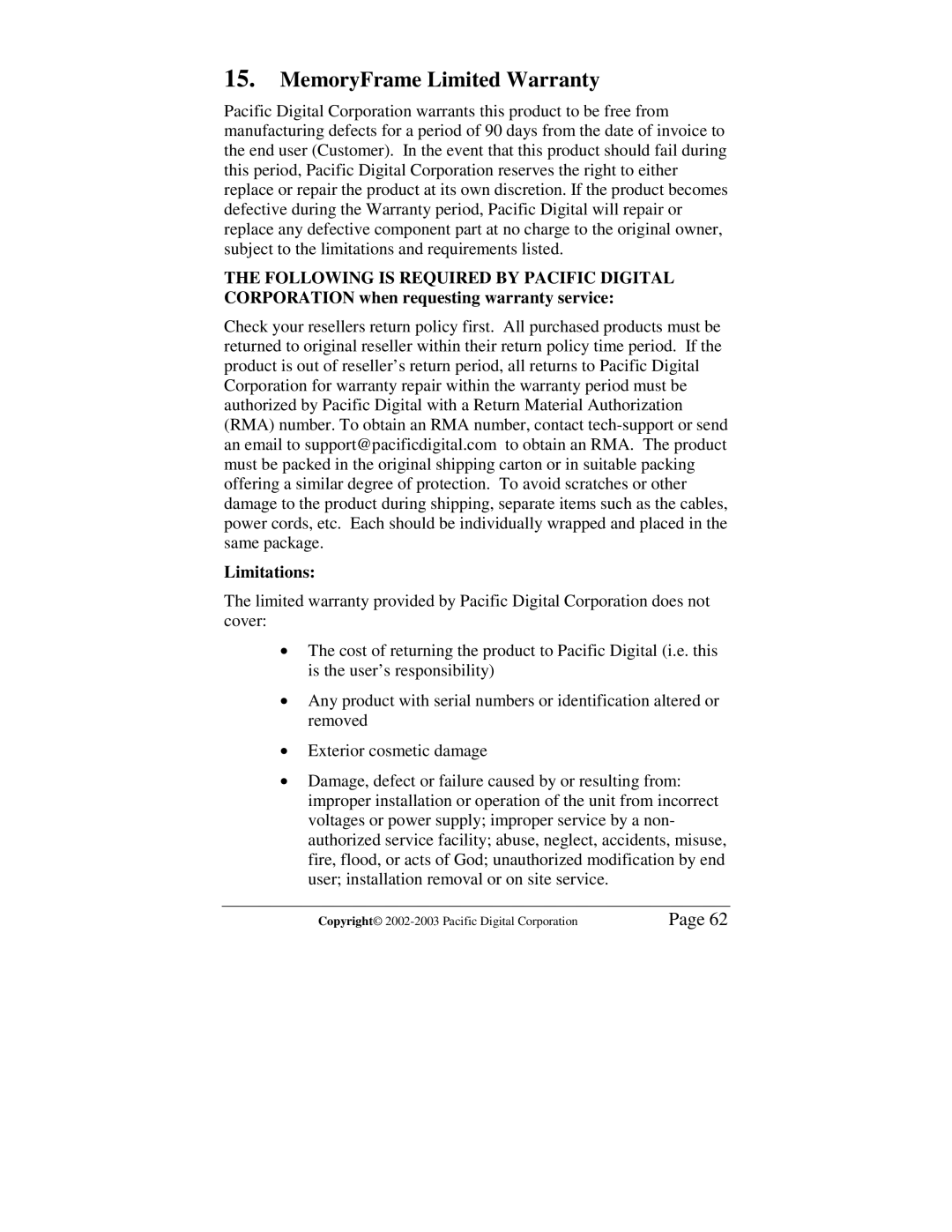 Pacific Digital MF-810S user manual MemoryFrame Limited Warranty, Limitations 