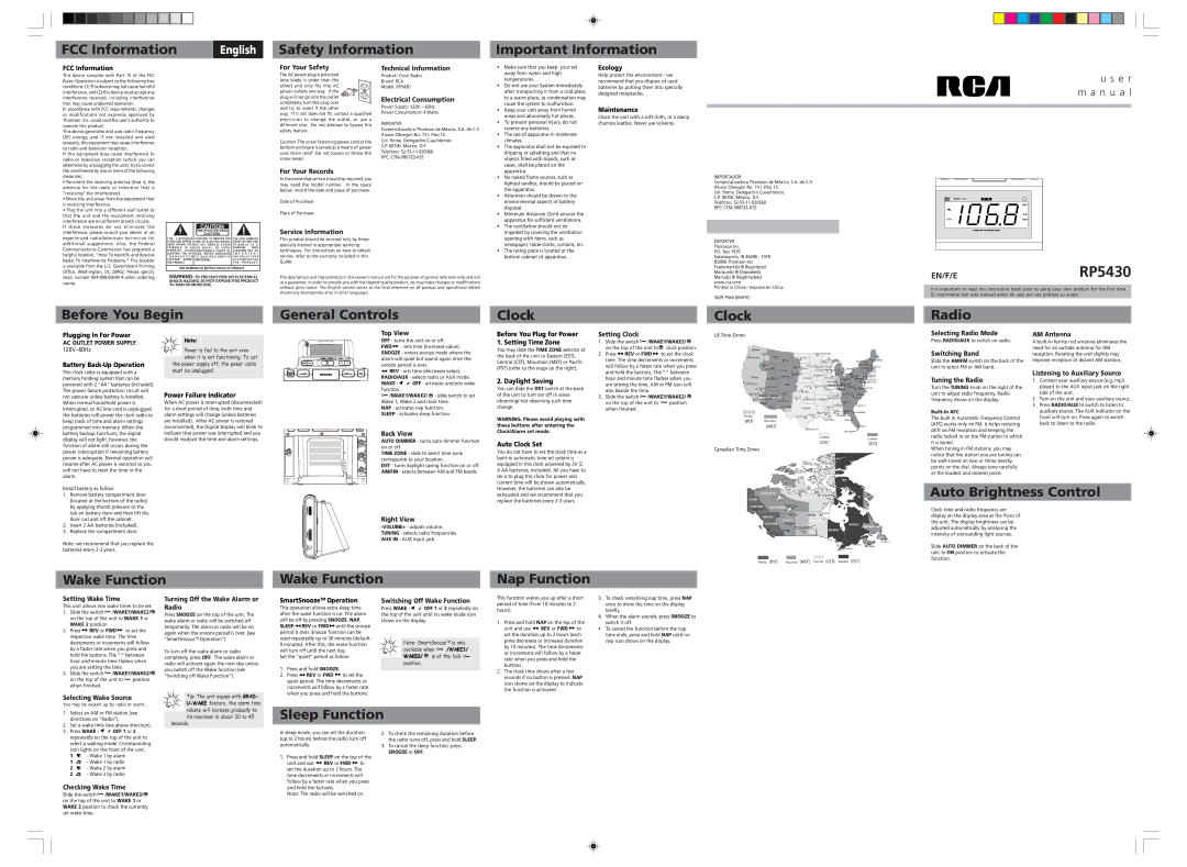 Pacific Digital RP5430 user manual FCC Information, Safety Information Important Information, Auto Brightness Control 