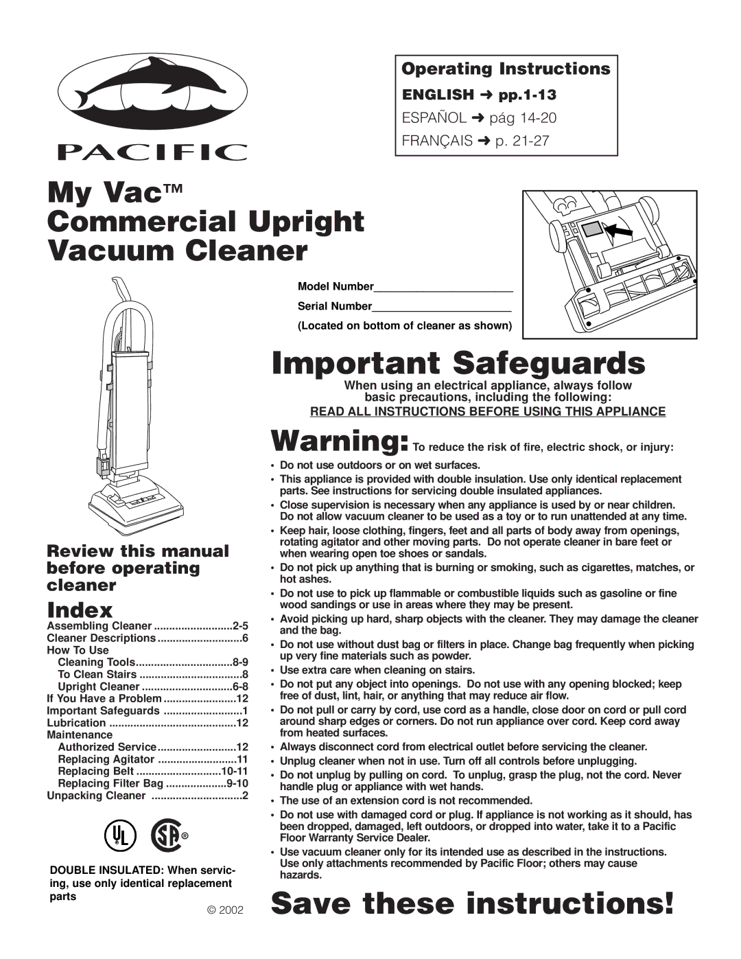 Pacific Digital Upright Vacuum Cleaner warranty Index, Operating Instructions, Review this manual before operating cleaner 