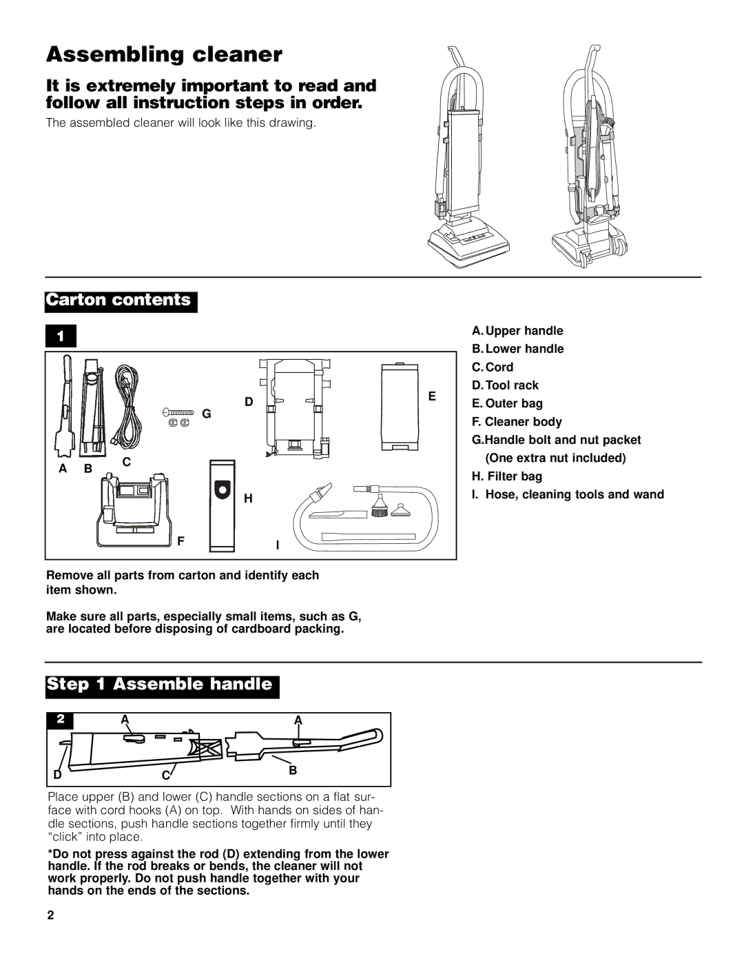 Pacific Digital Upright Vacuum Cleaner warranty Assembling cleaner, Carton contents, Assemble handle 