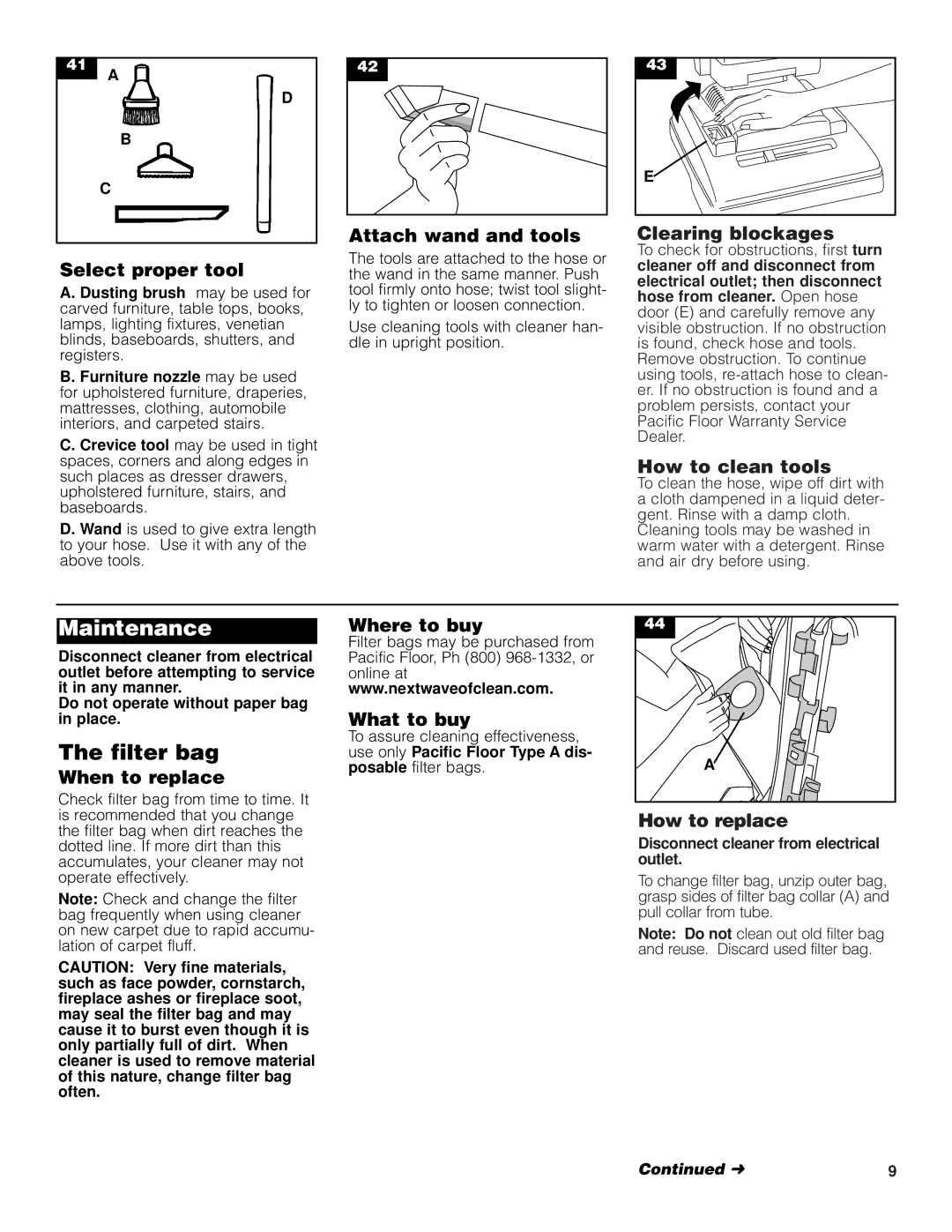 Pacific Digital Upright Vacuum Cleaner warranty Maintenance, Filter bag, Disconnect cleaner from electrical outlet 