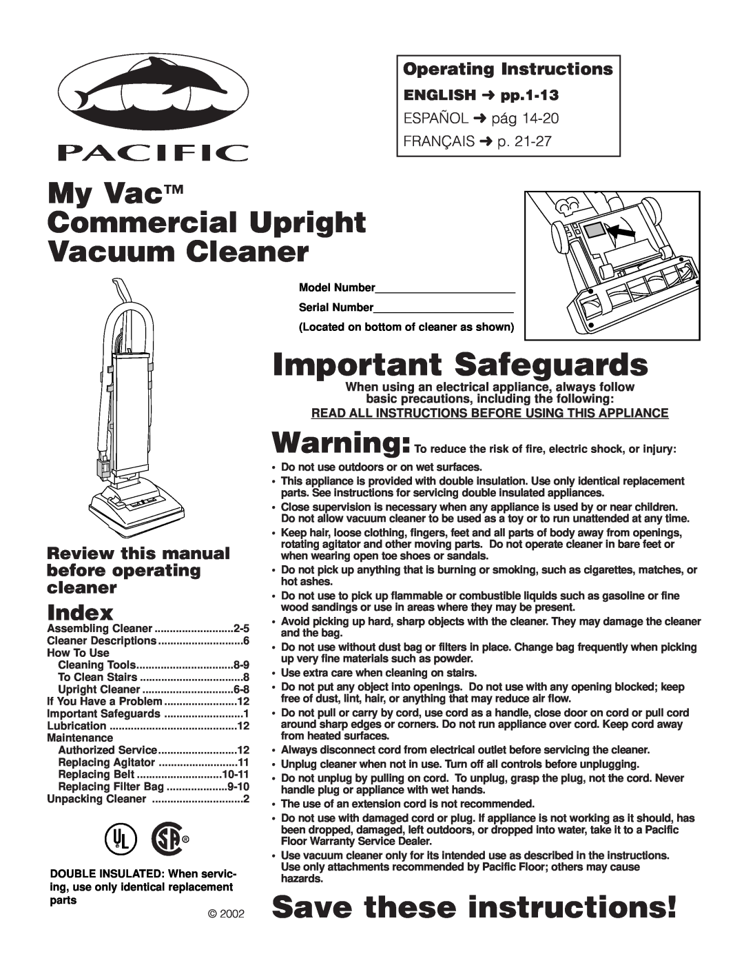 Pacific Digital Upright Vacuum Cleaner warranty Index, Operating Instructions, Review this manual before operating cleaner 