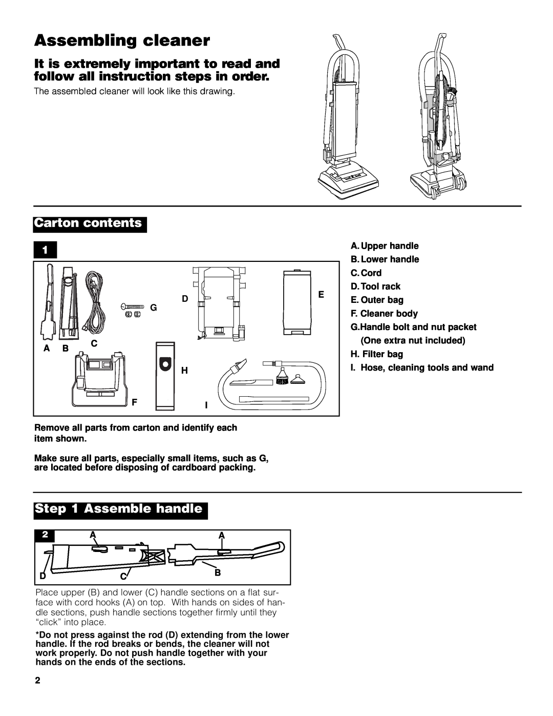 Pacific Digital Upright Vacuum Cleaner warranty Assembling cleaner, Carton contents, Assemble handle 