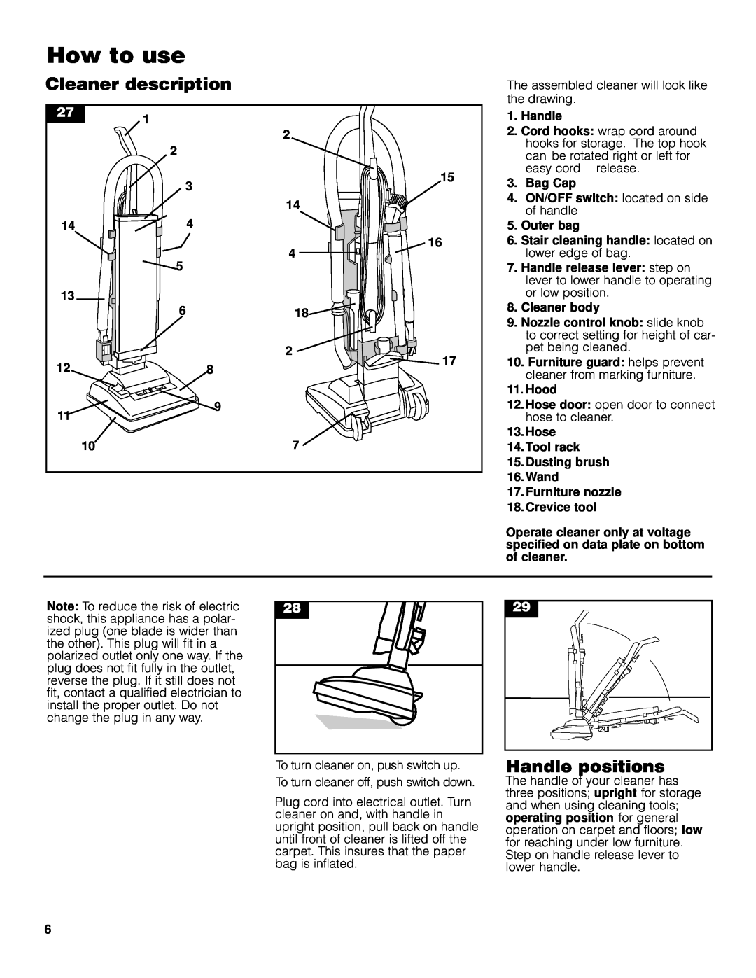 Pacific Digital Upright Vacuum Cleaner warranty How to use, Cleaner description, Handle positions 