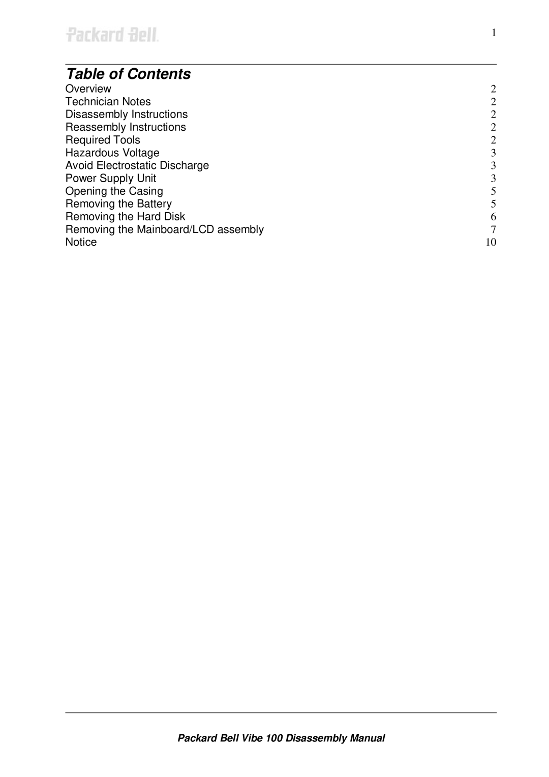 Packard Bell 100 manual Table of Contents 