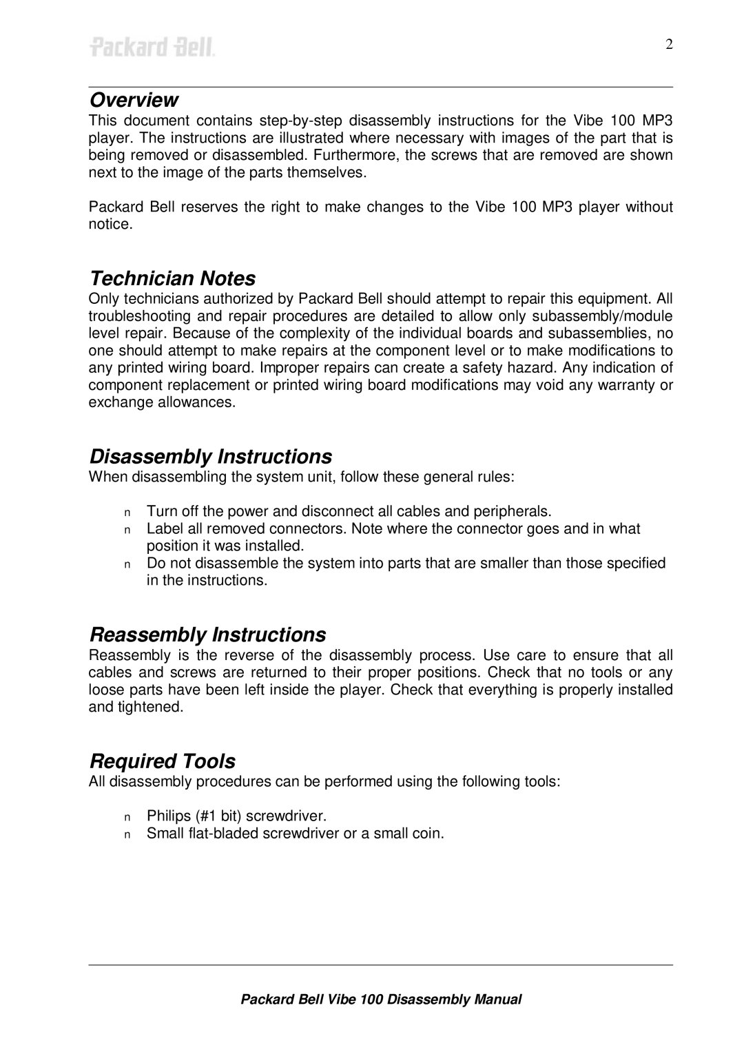 Packard Bell 100 manual Overview, Technician Notes, Disassembly Instructions, Reassembly Instructions, Required Tools 