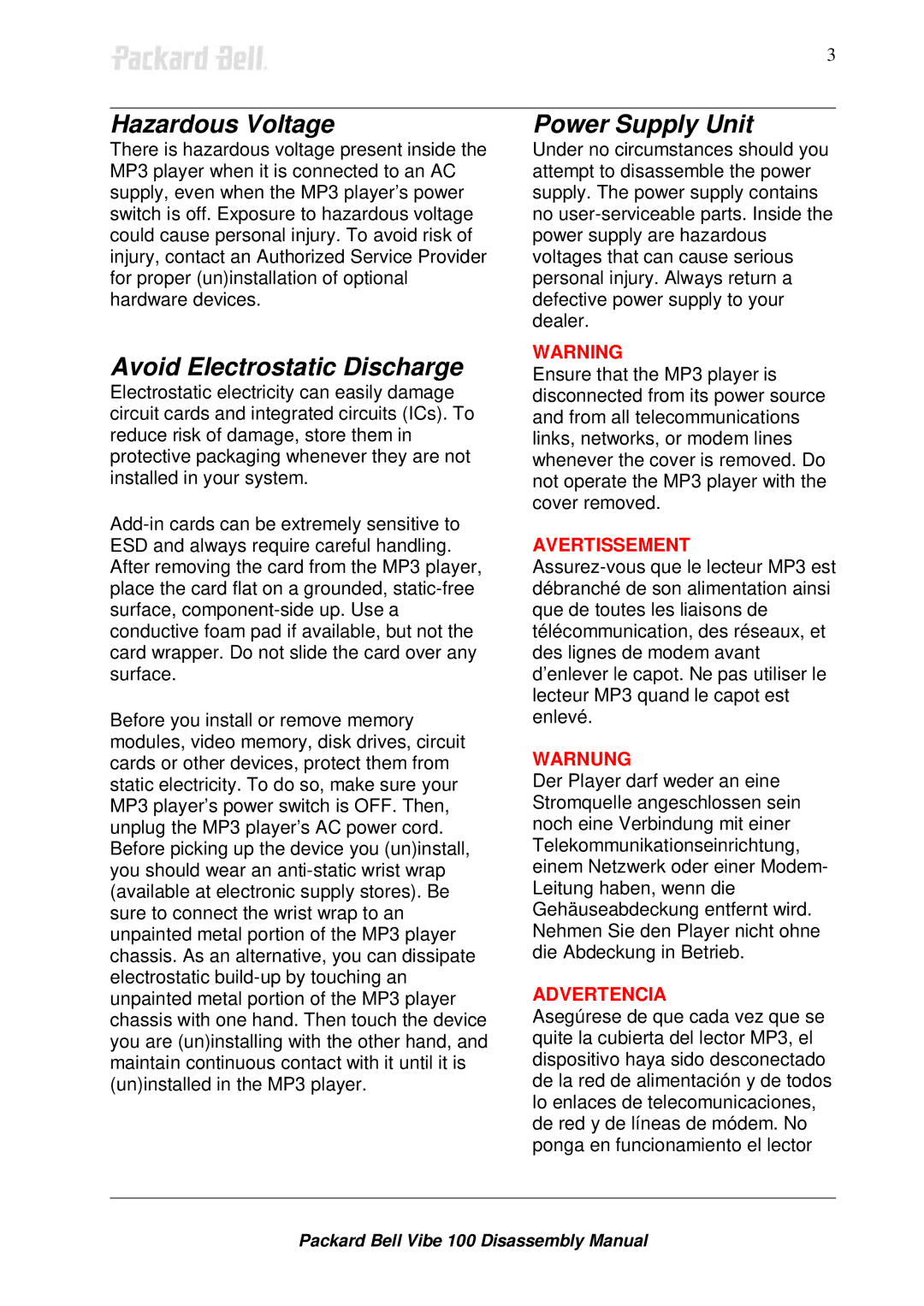 Packard Bell 100 manual Hazardous Voltage, Avoid Electrostatic Discharge, Power Supply Unit 