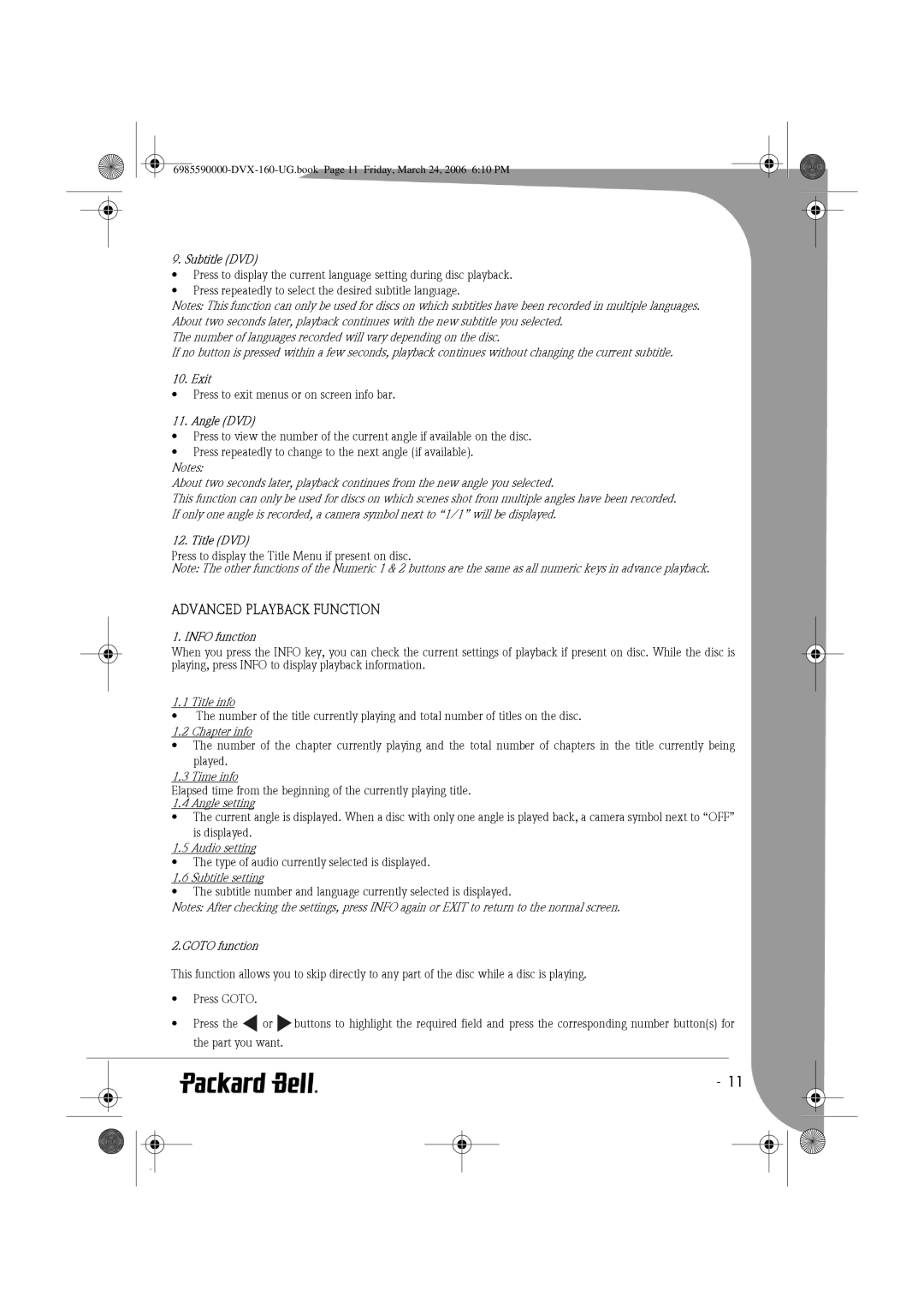 Packard Bell 160 manual Advanced Playback Function 